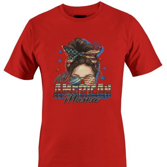 Red t-shirt with a graphic design of a woman's face with an American flag headband and text 'All American Mama' 