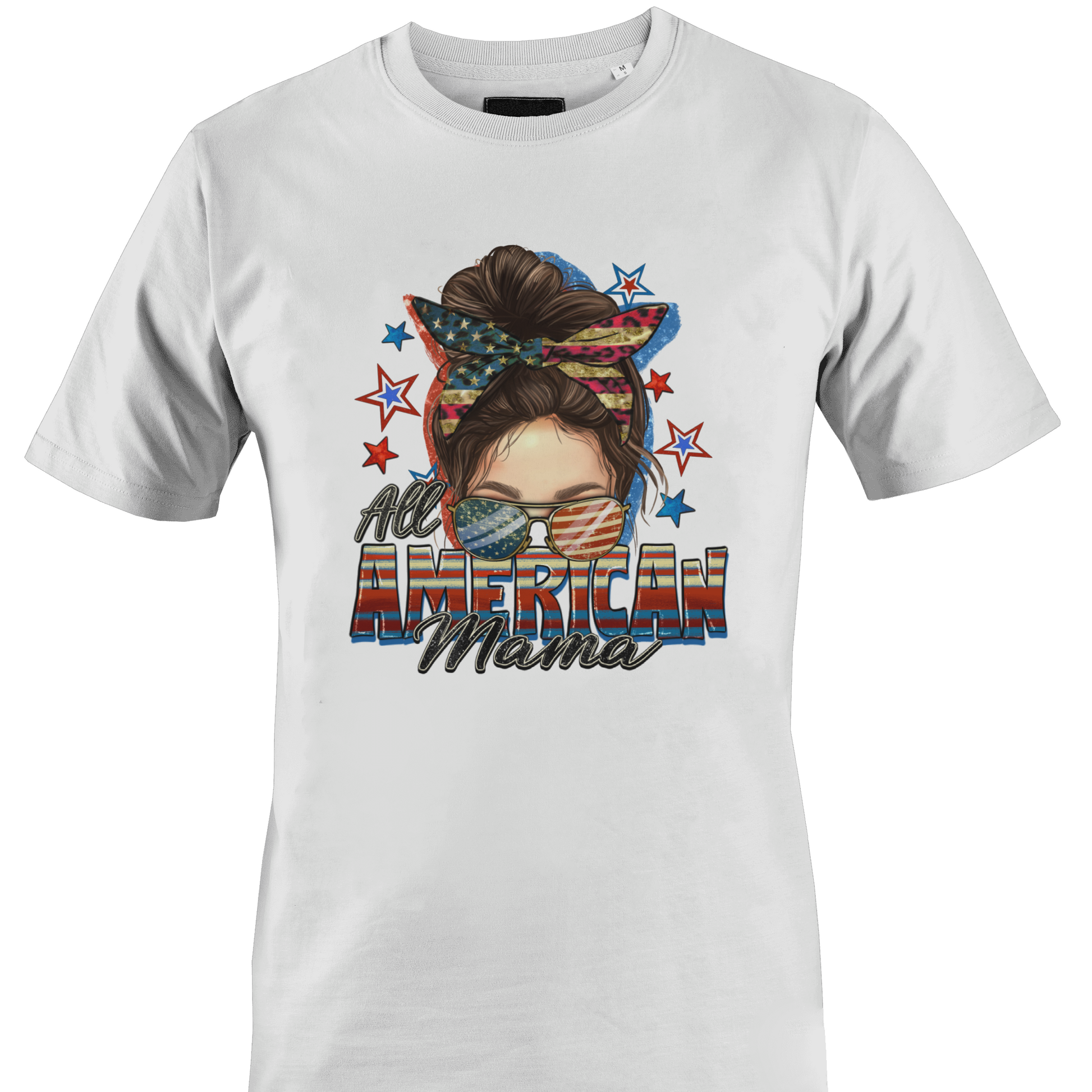 White t-shirt with a graphic design of a woman's face with an American flag headband and text 'All American Mama' 