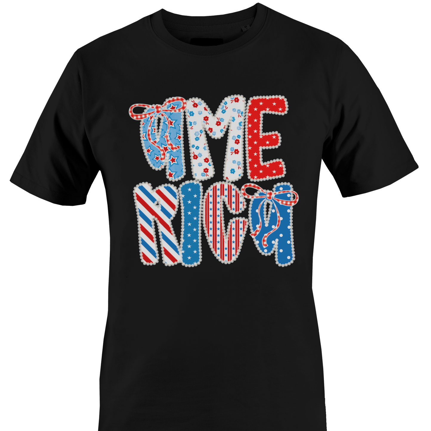 Black t-shirt with colorful America text design by Monkey's Creations