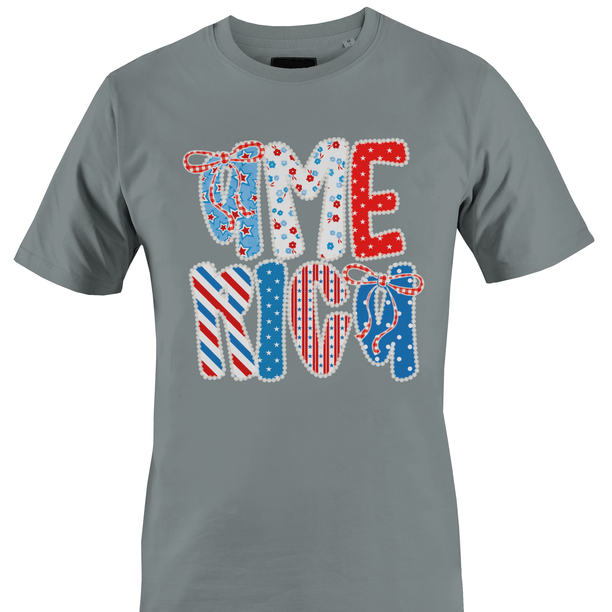 Grey t-shirt with colorful America text design by Monkey's Creations