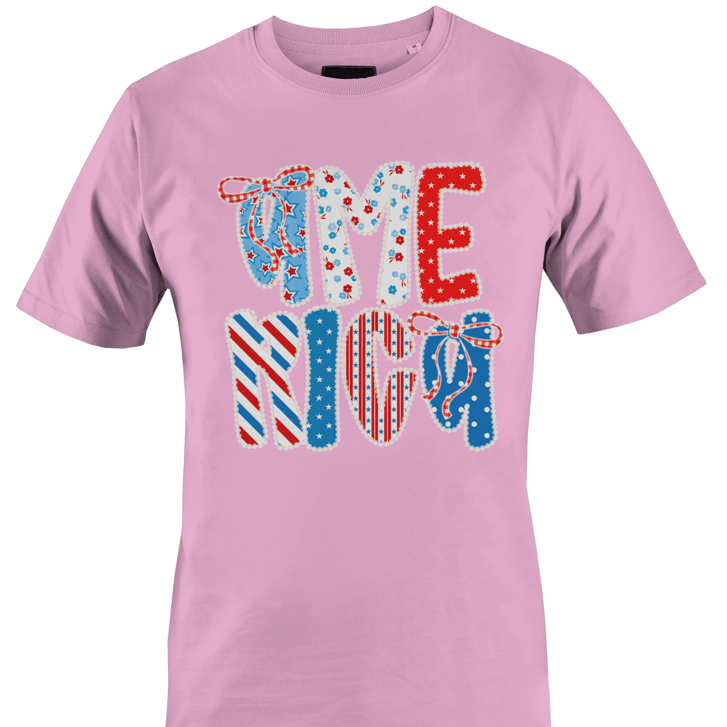 Light pink t-shirt with colorful America text design by Monkey's Creations
