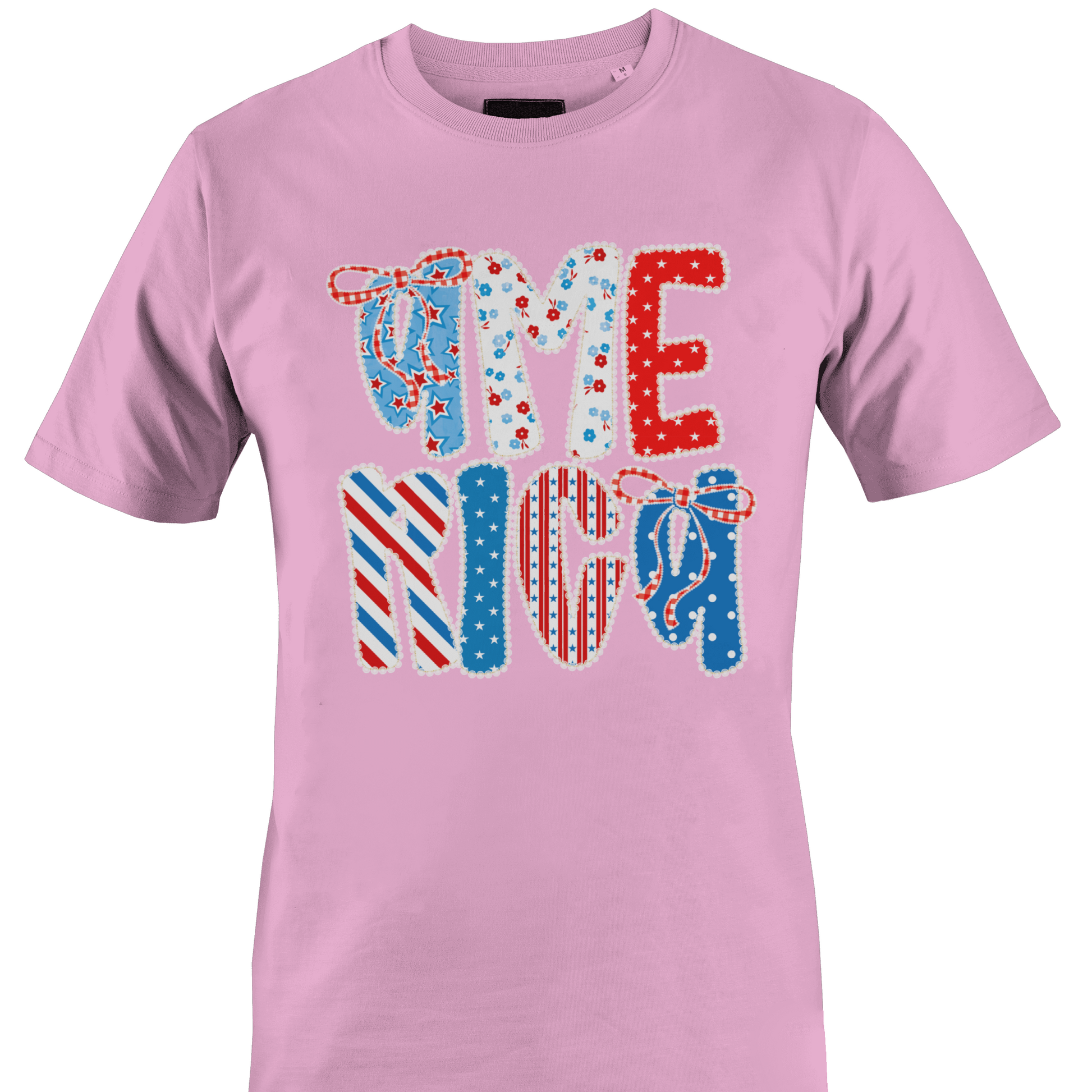Light pink t-shirt with colorful America text design by Monkey's Creations