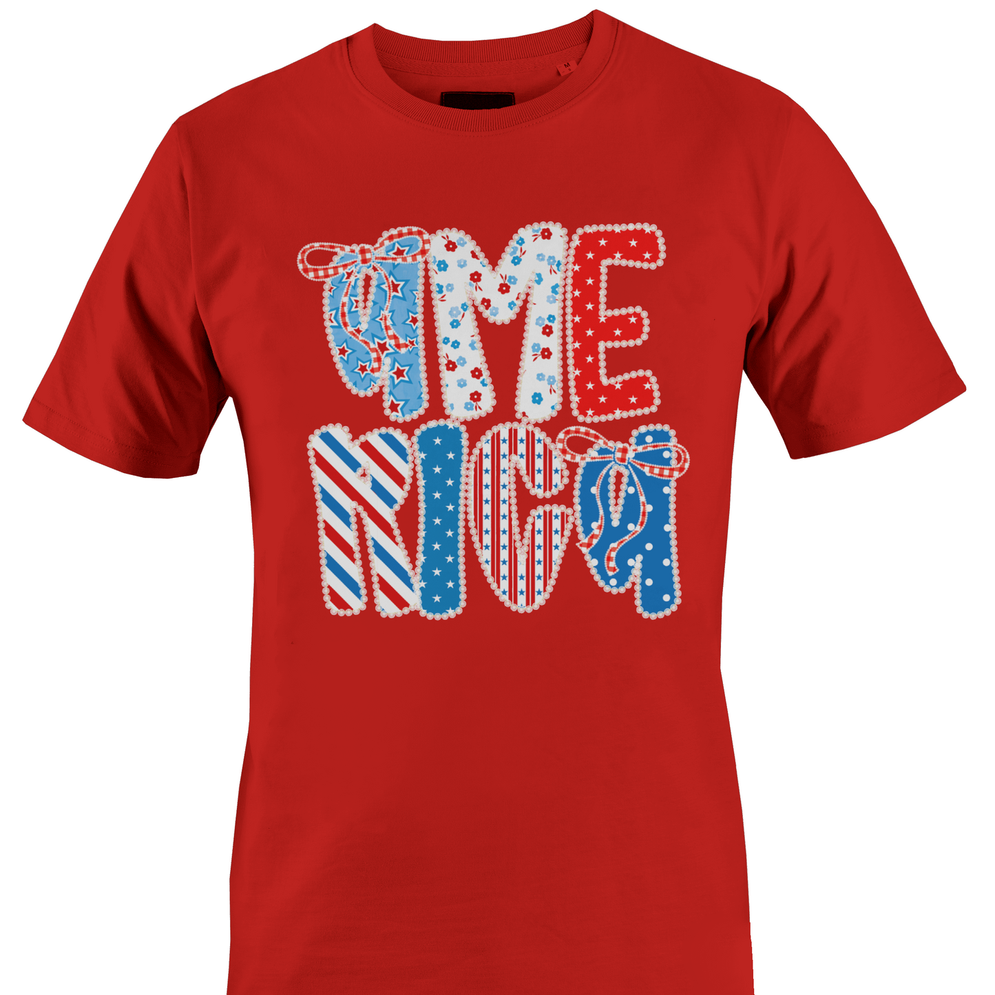 Red t-shirt with colorful America text design by Monkey's Creations