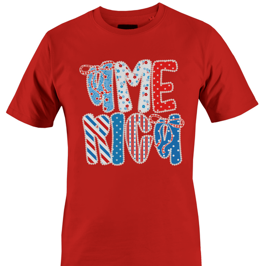 Red t-shirt with colorful America text design by Monkey's Creations