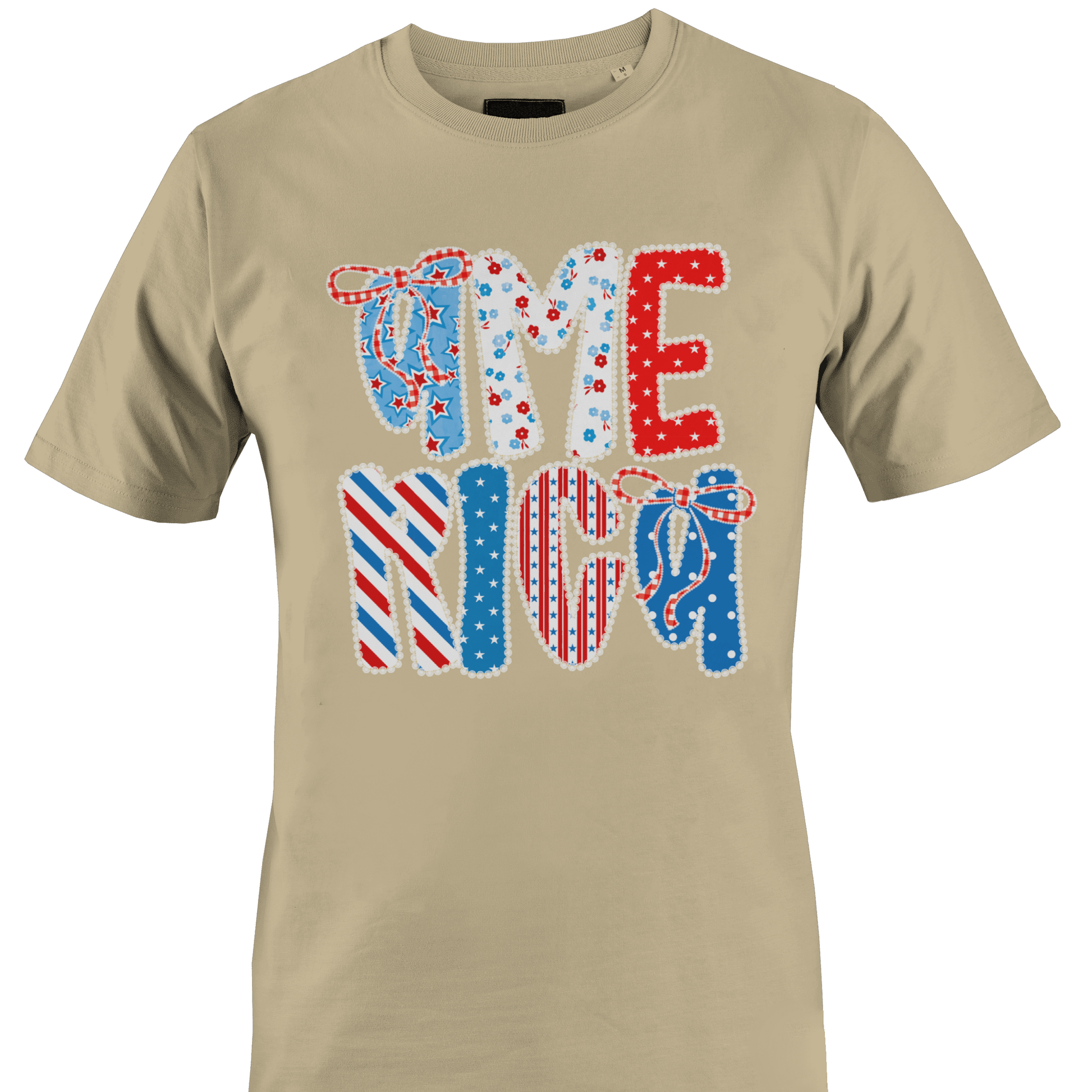Tan t-shirt with colorful America text design by Monkey's Creations