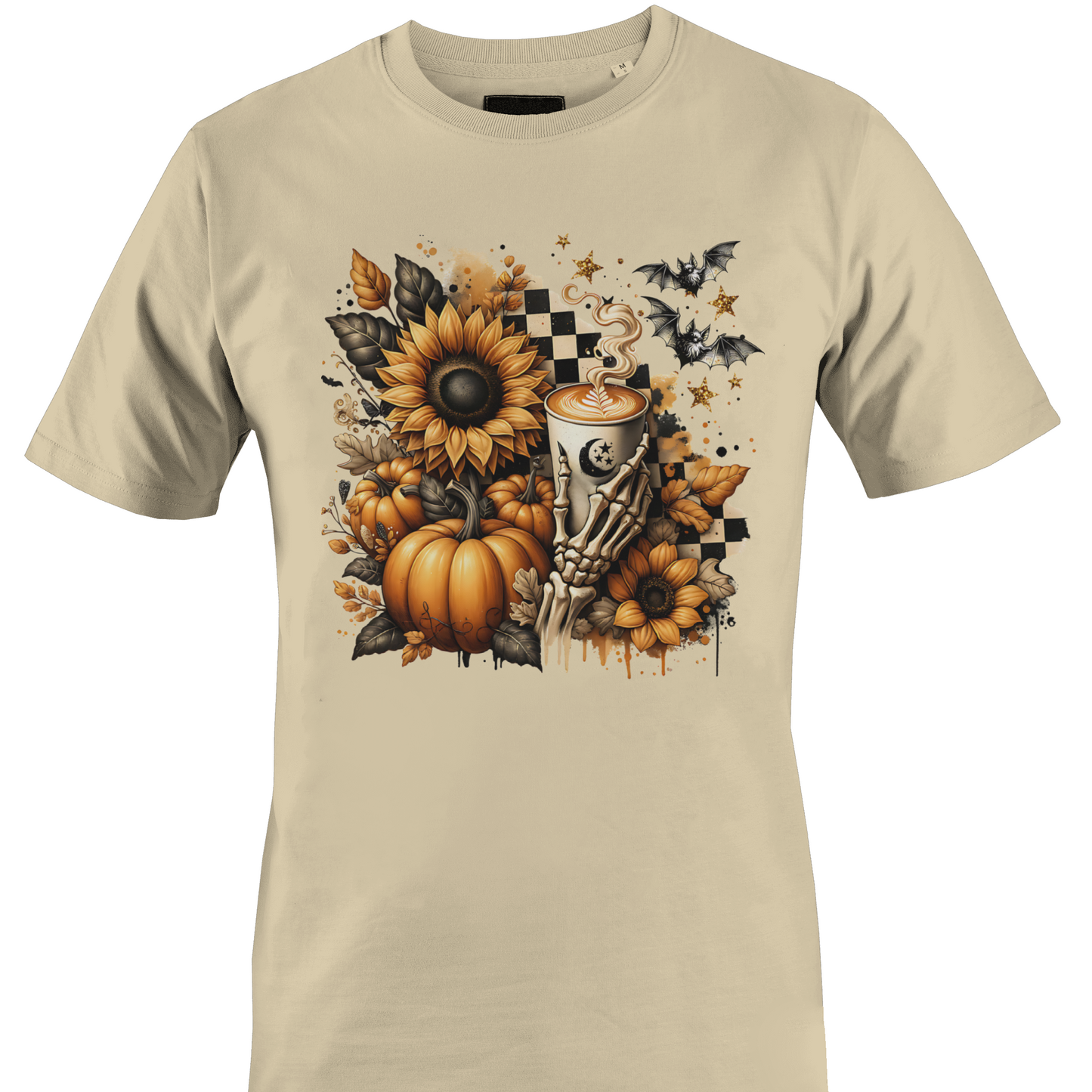 Tan t-shirt with autumn and halloween themed elements featuring sunflowers, pumpkins, and a skeleton hand holding a latte by Monkey's creations. 