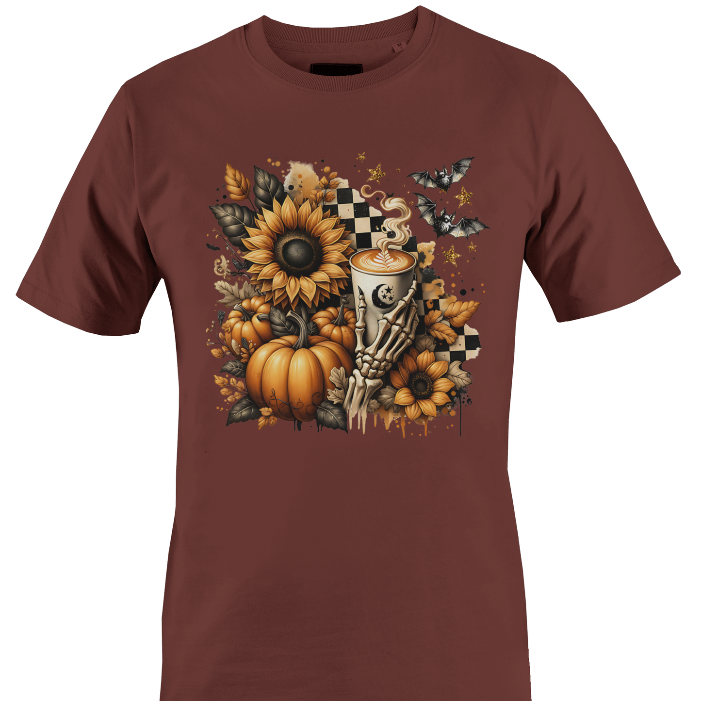Brown t-shirt with autumn and halloween themed elements featuring sunflowers, pumpkins, and a skeleton hand holding a latte by Monkey's creations. 