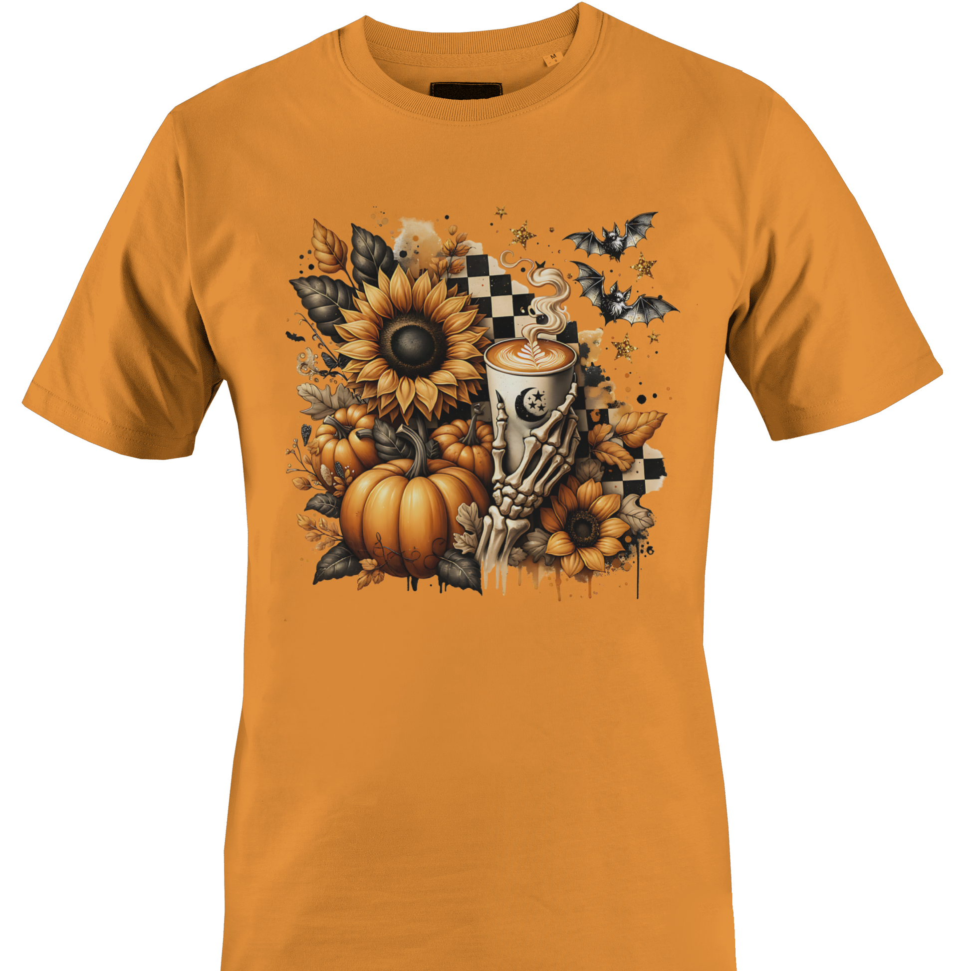 Orange t-shirt with autumn and halloween themed elements featuring sunflowers, pumpkins, and a skeleton hand holding a latte by Monkey's creations. 