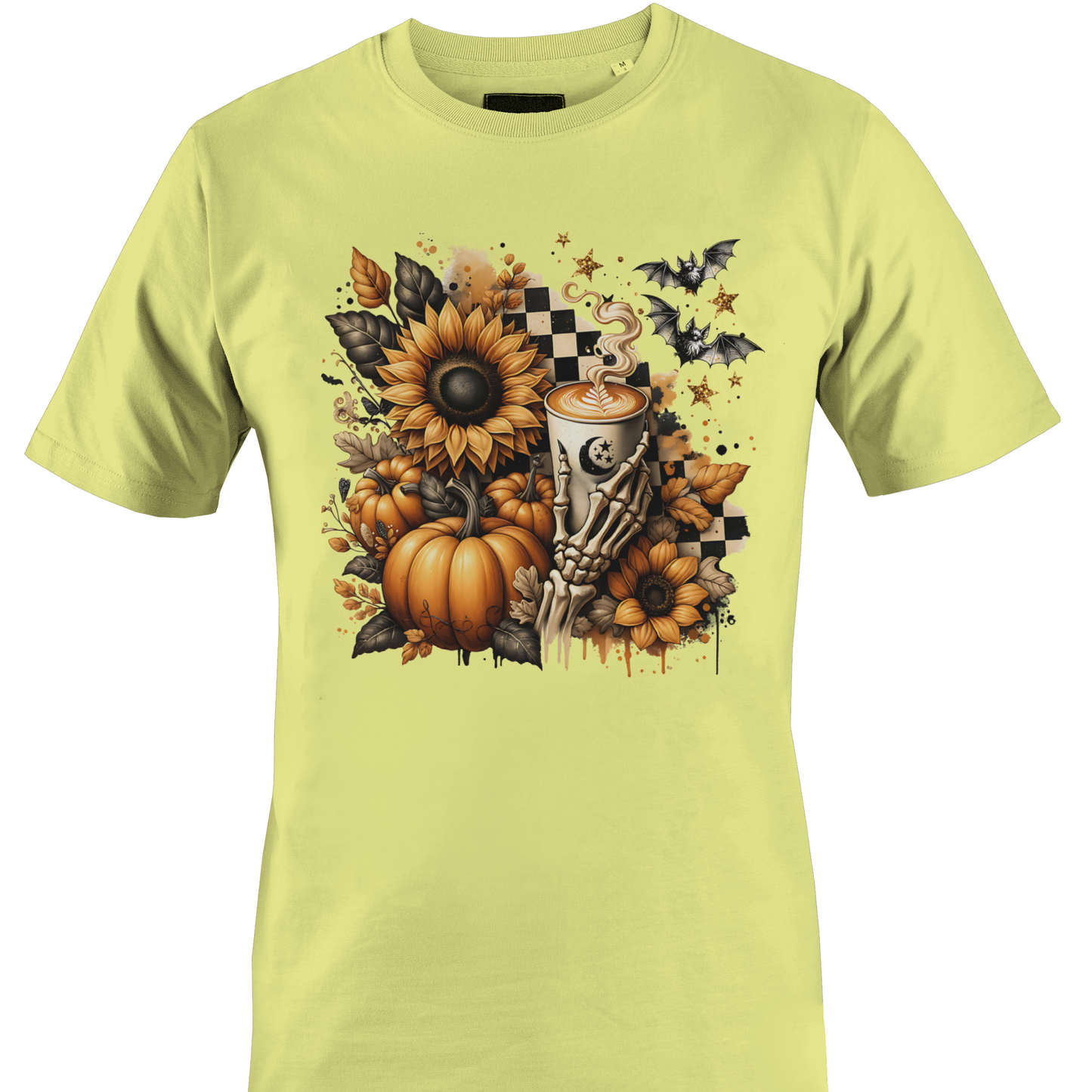 Light yellow t-shirt with autumn and halloween themed elements featuring sunflowers, pumpkins, and a skeleton hand holding a latte by Monkey's creations. 