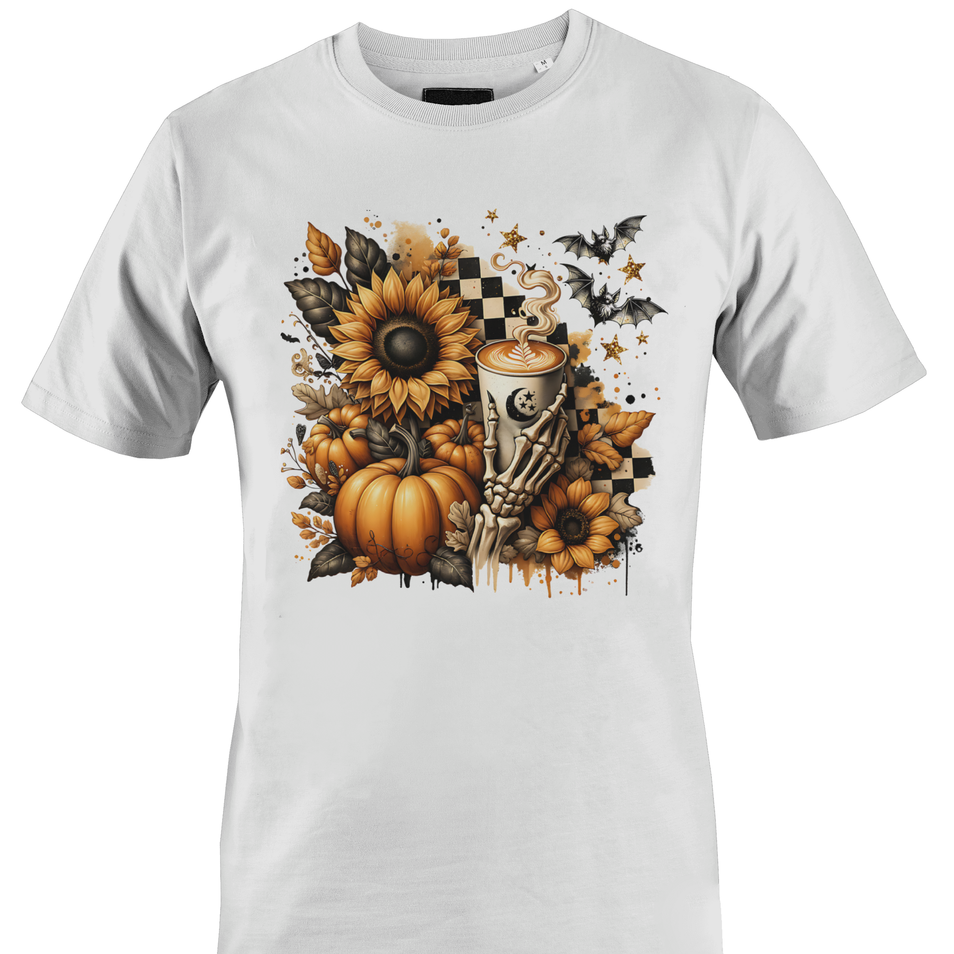 White t-shirt with autumn and halloween themed elements featuring sunflowers, pumpkins, and a skeleton hand holding a latte by Monkey's creations. 