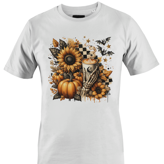 White t-shirt with autumn and halloween themed elements featuring sunflowers, pumpkins, and a skeleton hand holding a latte by Monkey's creations. 