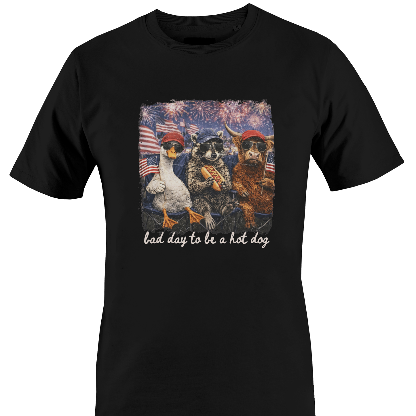 Black t-shirt with a graphic of animals and text "bad day to be a hot dog" by Monkey's Creations