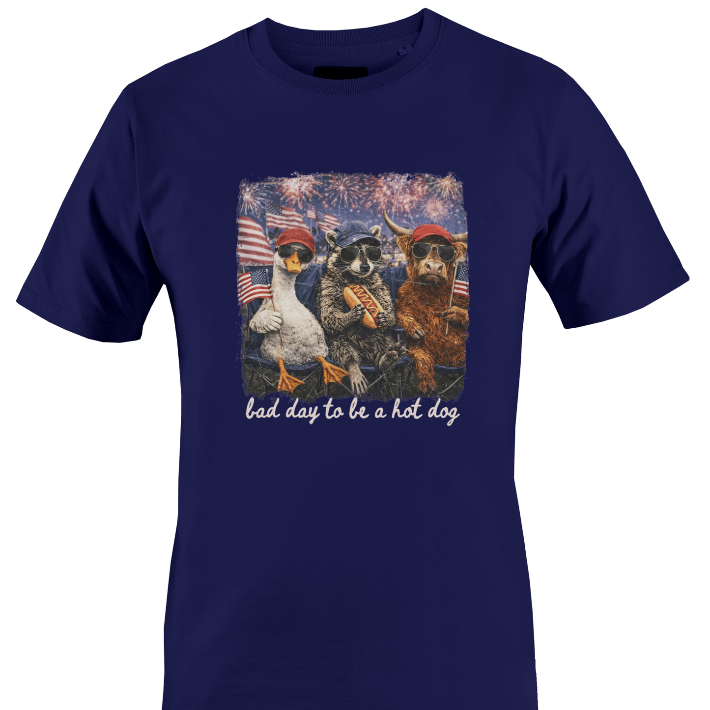Navy blue t-shirt with a graphic of animals and text "bad day to be a hot dog" by Monkey's Creations