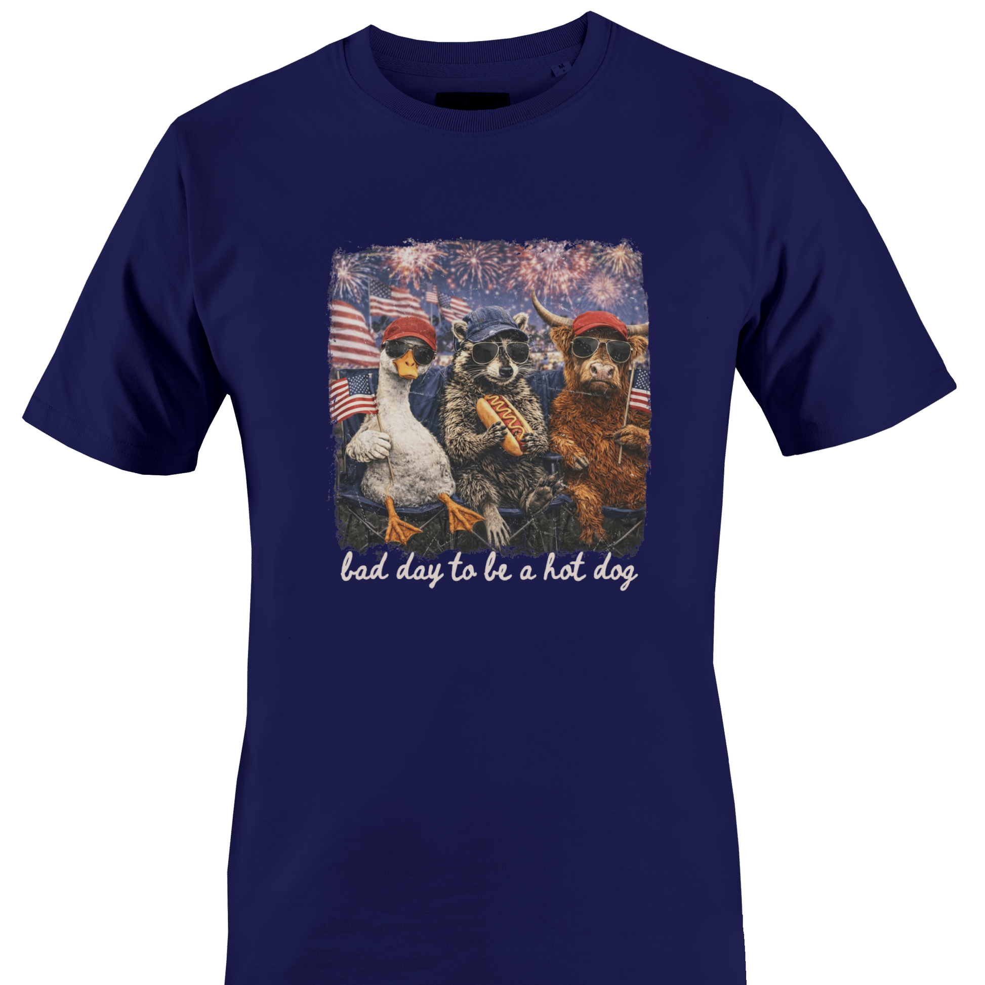 Navy blue t-shirt with a graphic of animals and text "bad day to be a hot dog" by Monkey's Creations