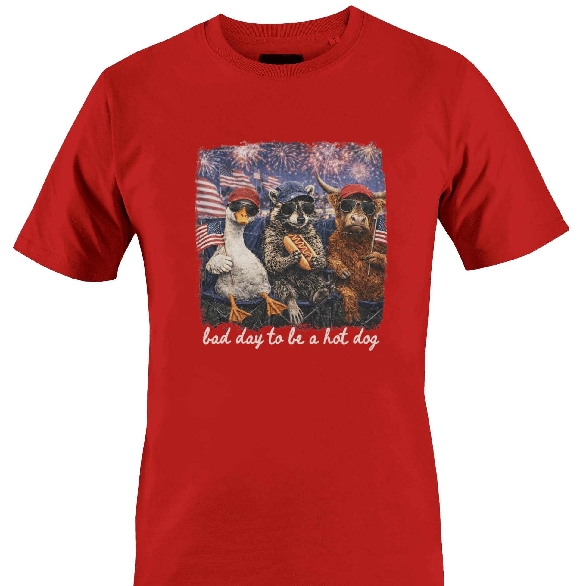Red t-shirt with a graphic of animals and text "bad day to be a hot dog" by Monkey's Creations