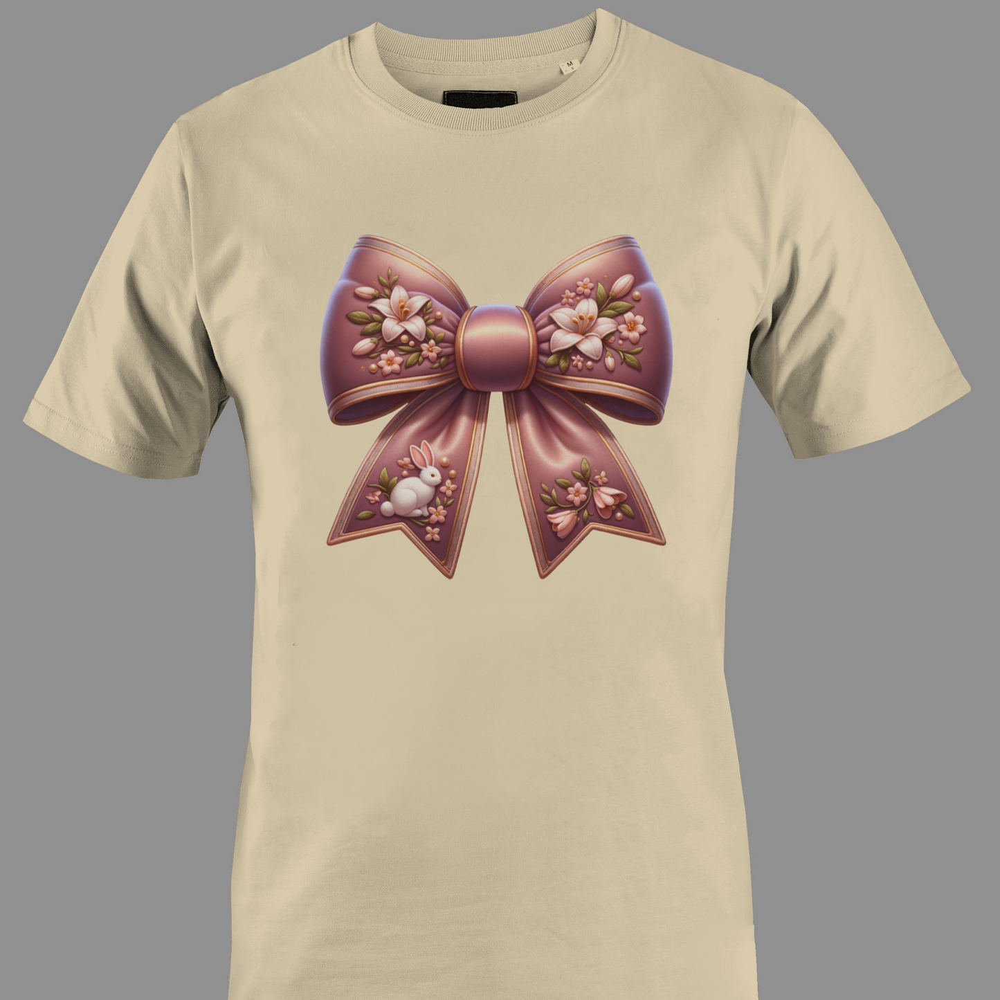 Beige t-shirt with a decorative bow with flowers