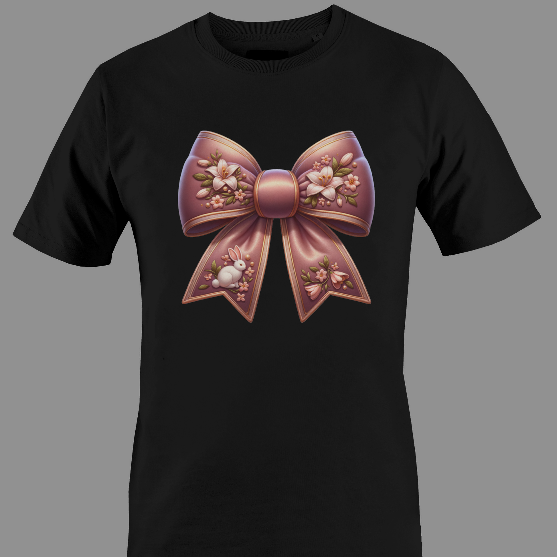 Black t-shirt with a decorative bow with flowers