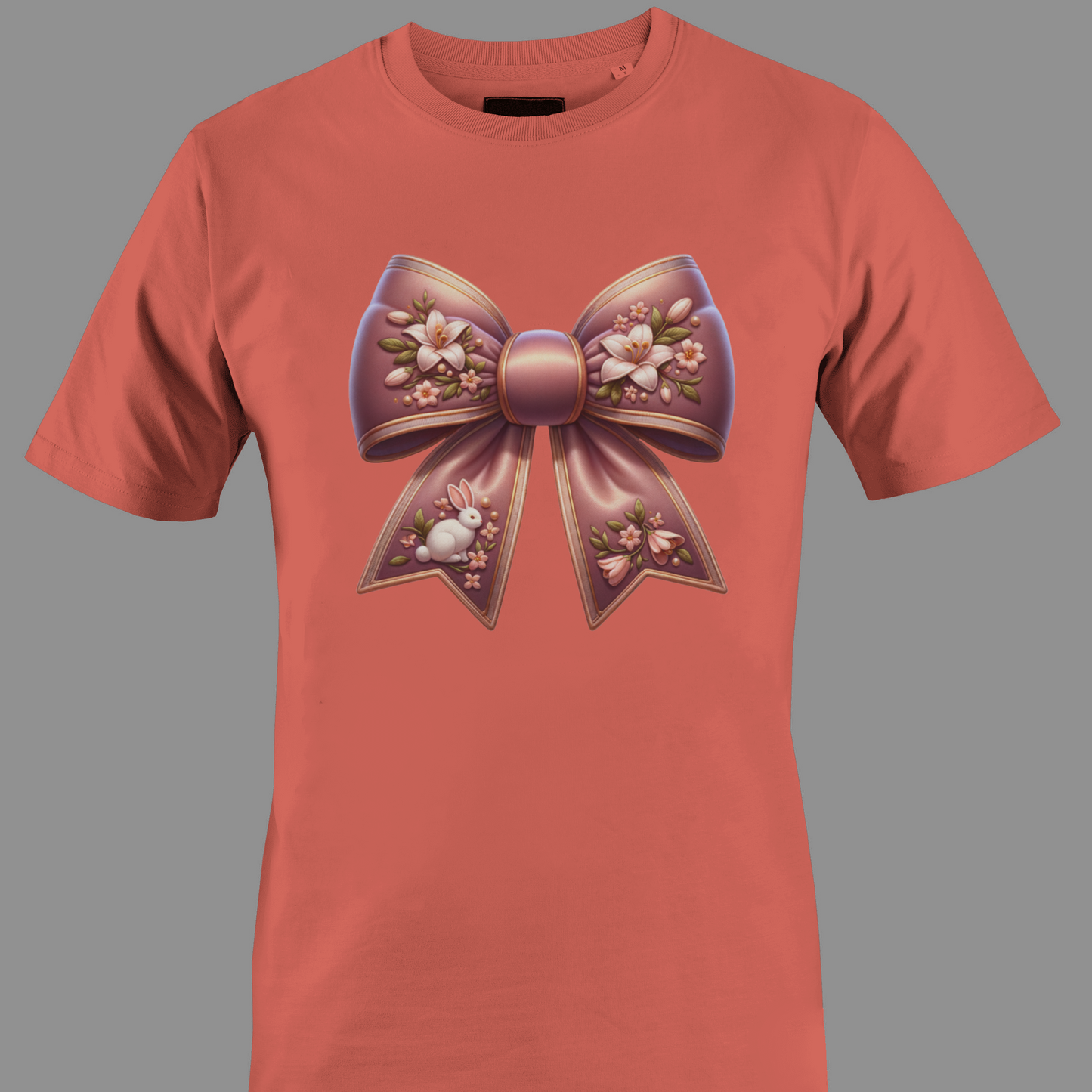 Coral t-shirt with a decorative bow with flowers