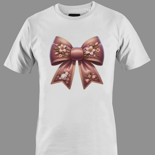 White t-shirt with a decorative bow with flowers
