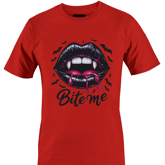 A red short-sleeve crewneck t-shirt featuring a graphic of vampire lips with fangs and dripping blood, with the text 'Bite me' written below in black script, and small bat silhouettes scattered around by Monkey's Creations.