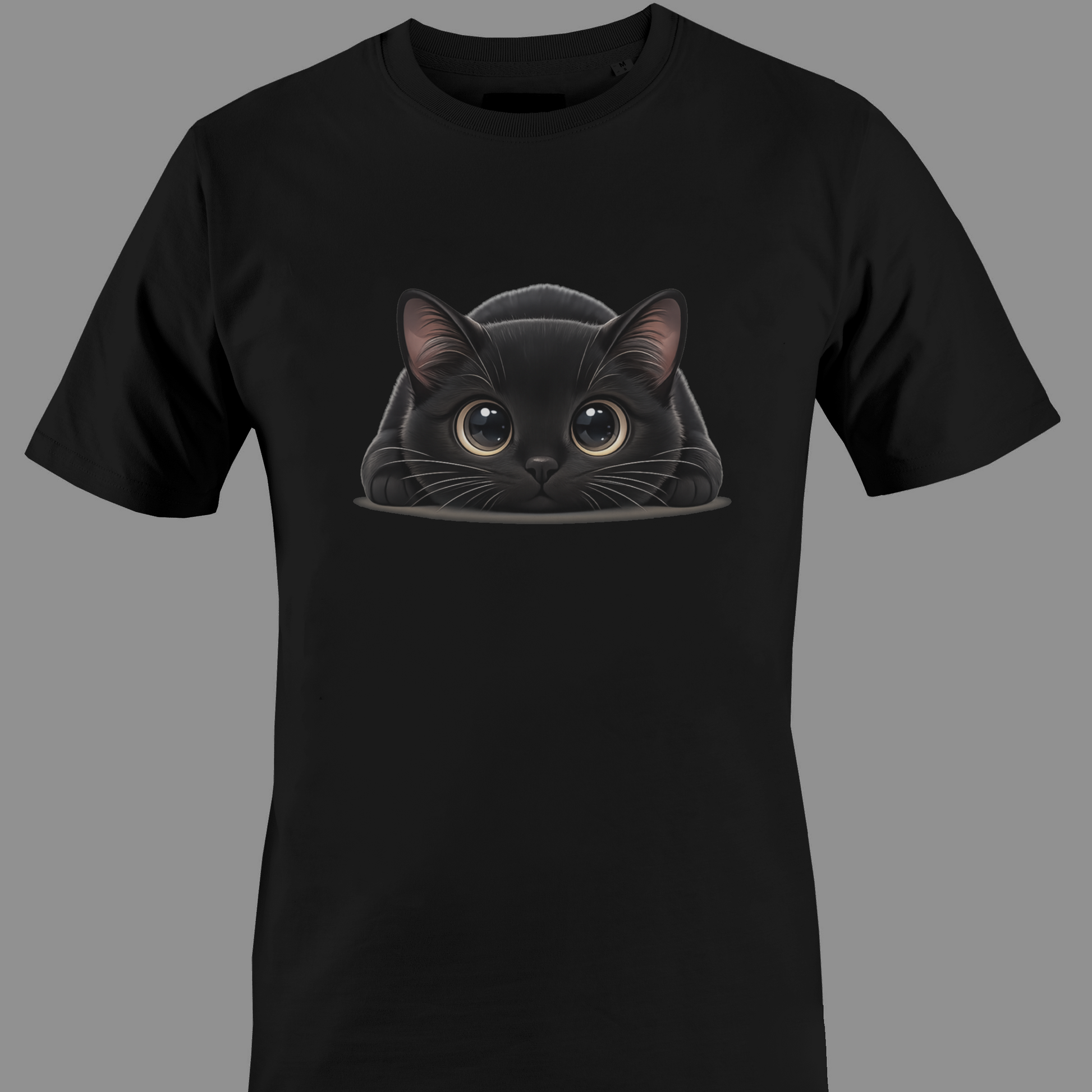 Black t-shirt with a black cat with big eyes graphic 