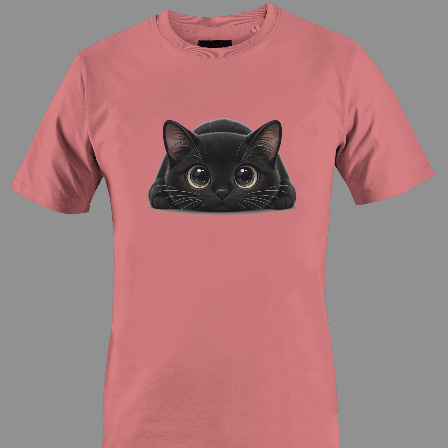 Coral t-shirt with a black cat with big eyes graphic 