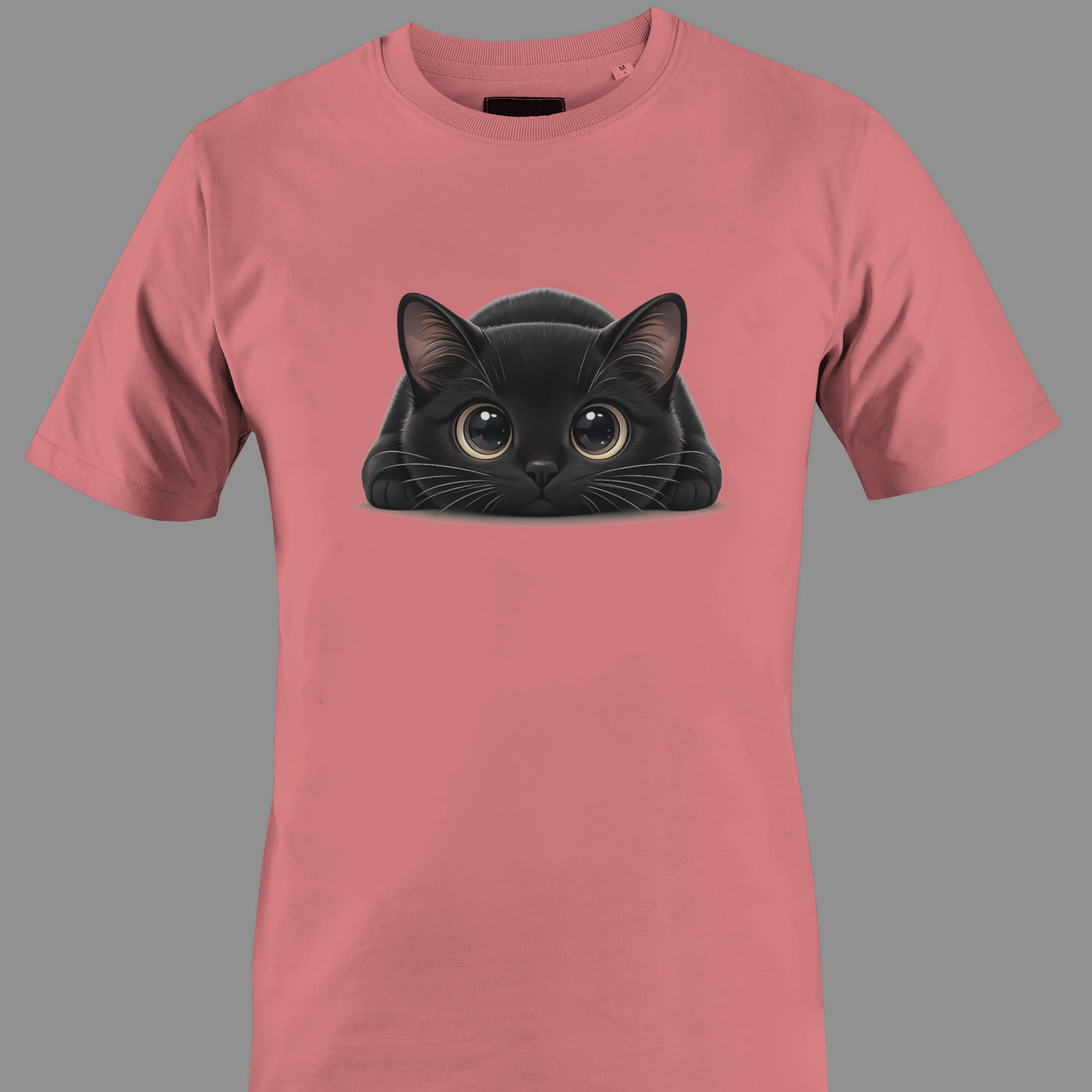 Coral t-shirt with a black cat with big eyes graphic 