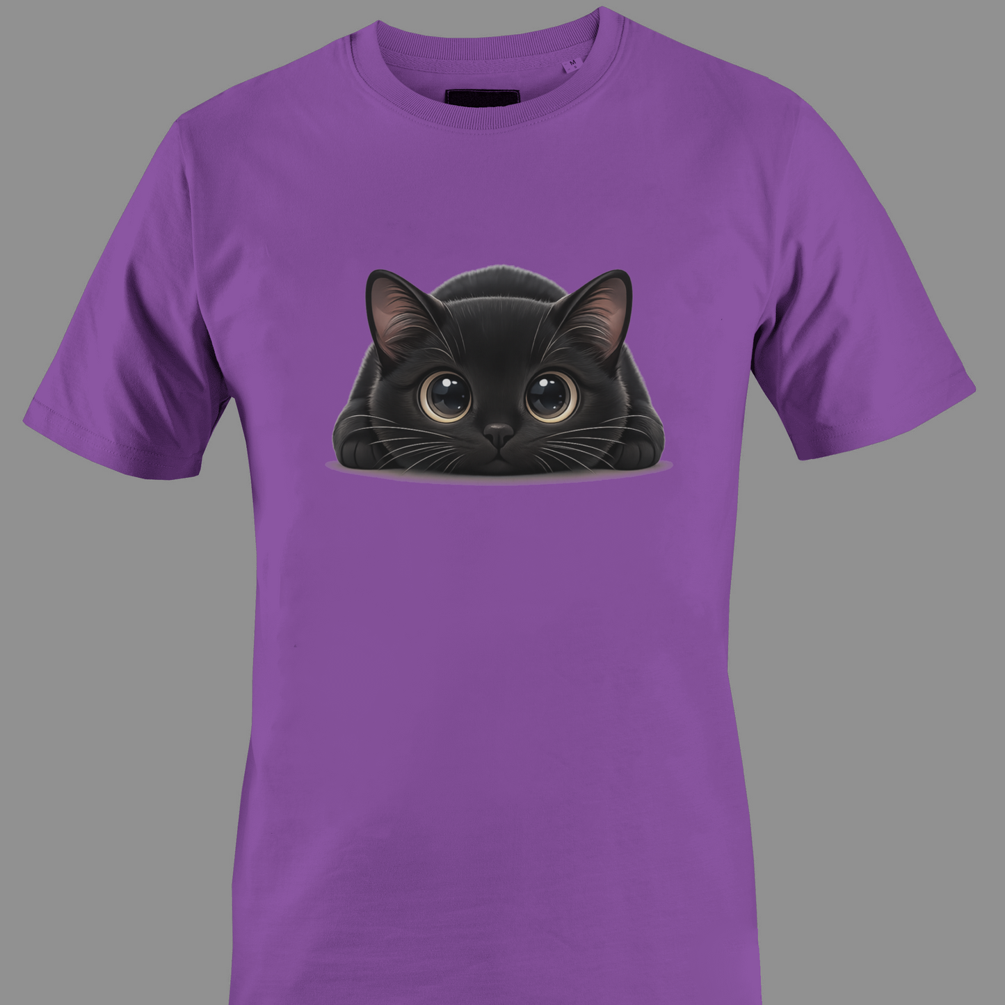 Dark purple t-shirt with a black cat with big eyes graphic 