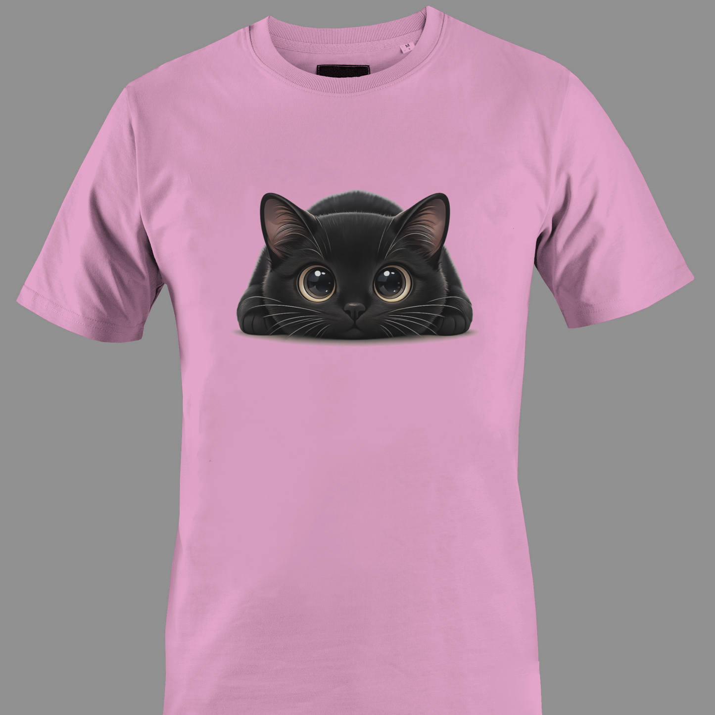 Light pink t-shirt with a black cat with big eyes graphic 