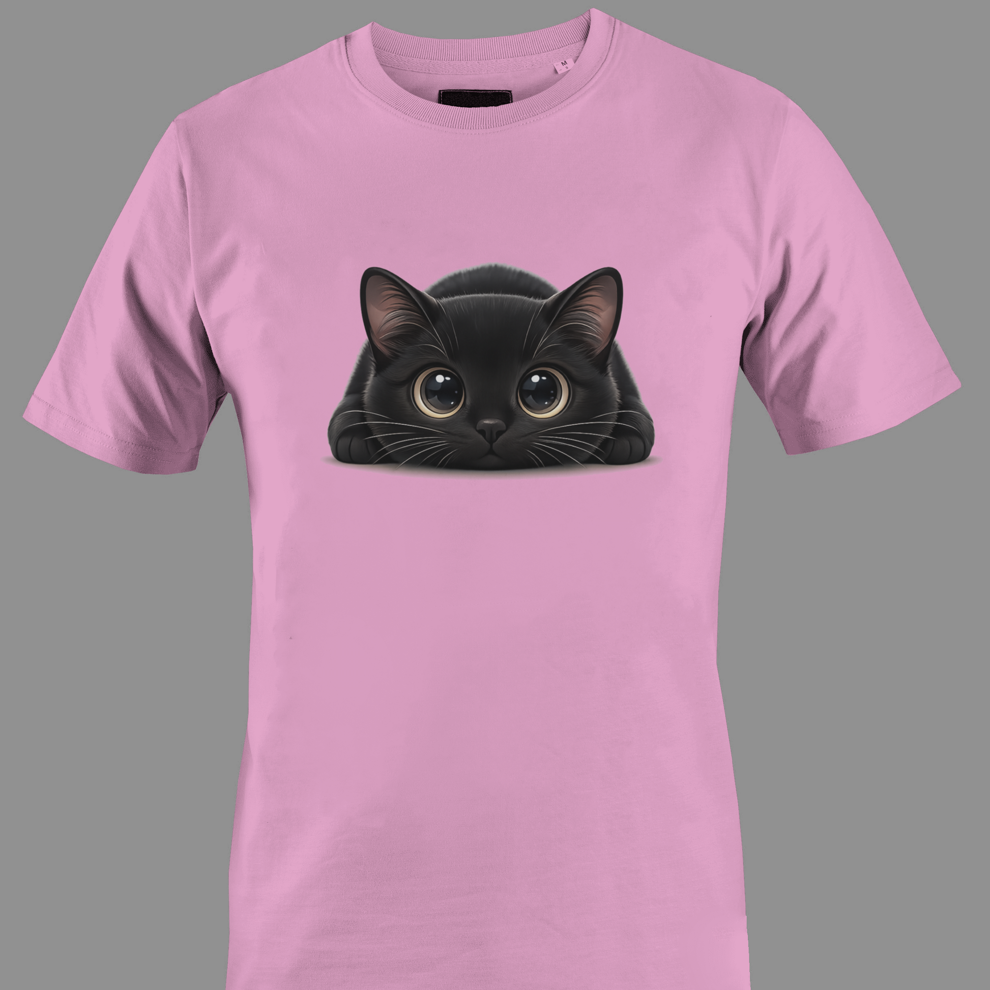 Light pink t-shirt with a black cat with big eyes graphic 