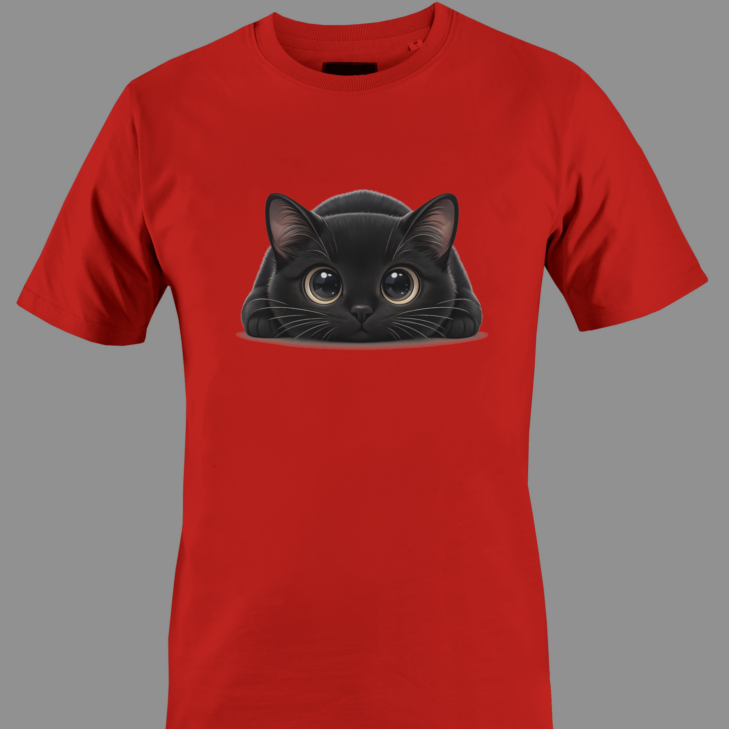 Red t-shirt with a black cat with big eyes graphic 