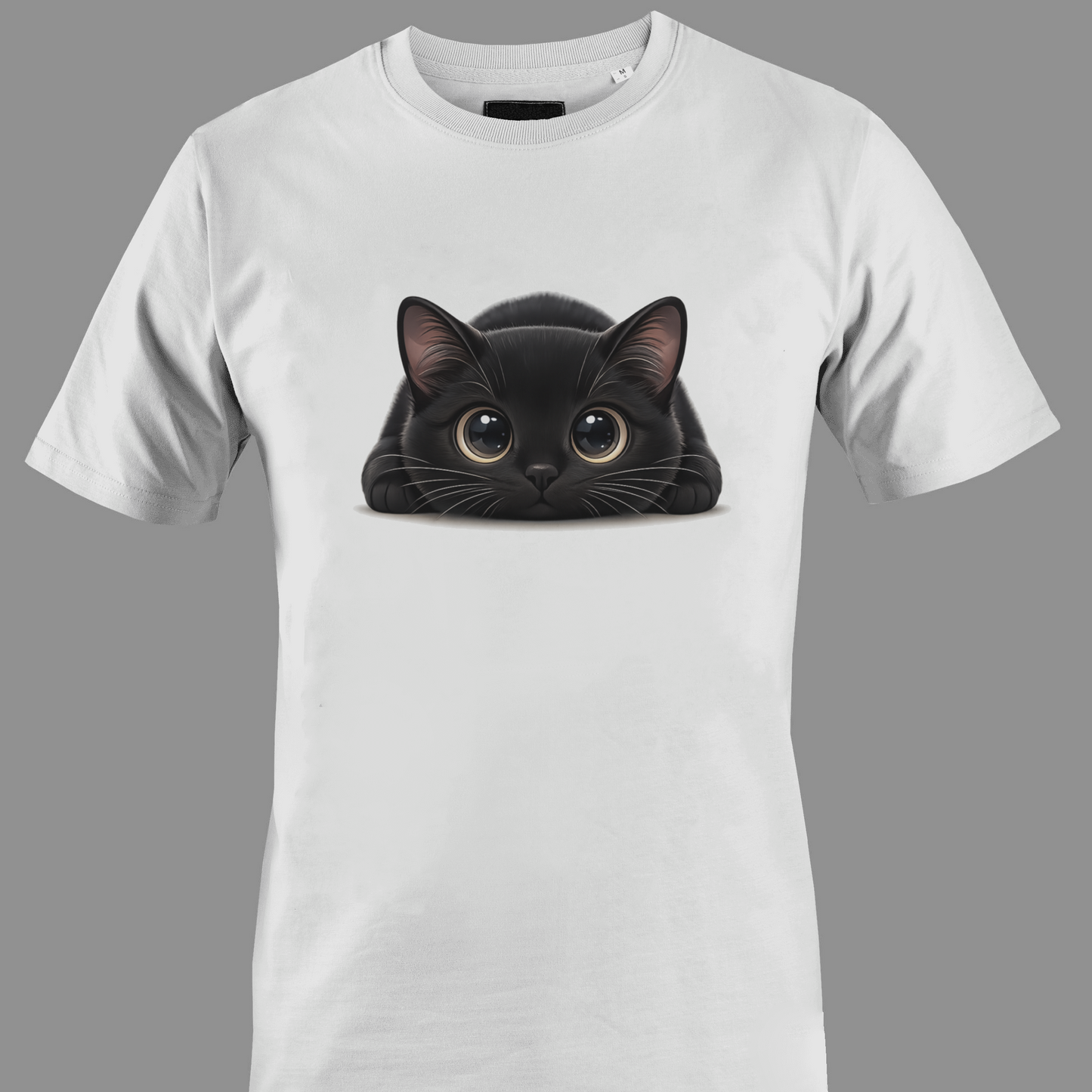 White t-shirt with a black cat with big eyes graphic 