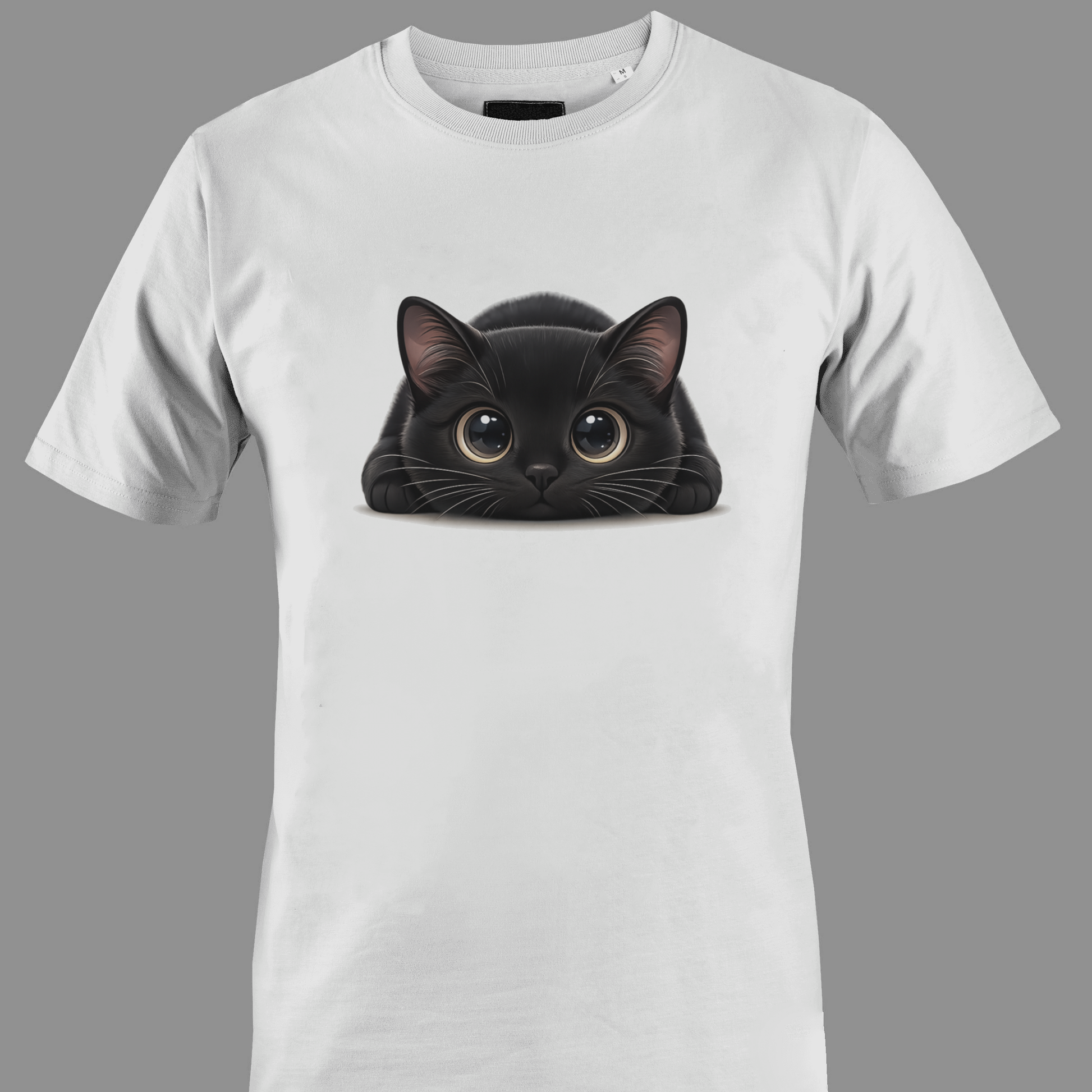 White t-shirt with a black cat with big eyes graphic 