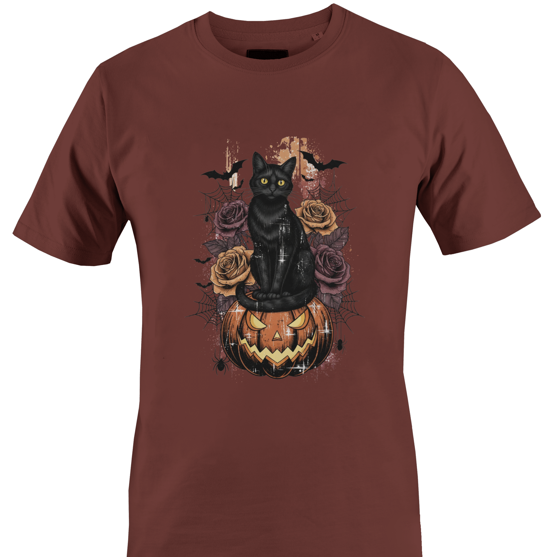 Brown t-shirt featuring Halloween elements - a black cat sitting on a jack o lantern with roses, cobwebs and bats by Monkey's Creations. 