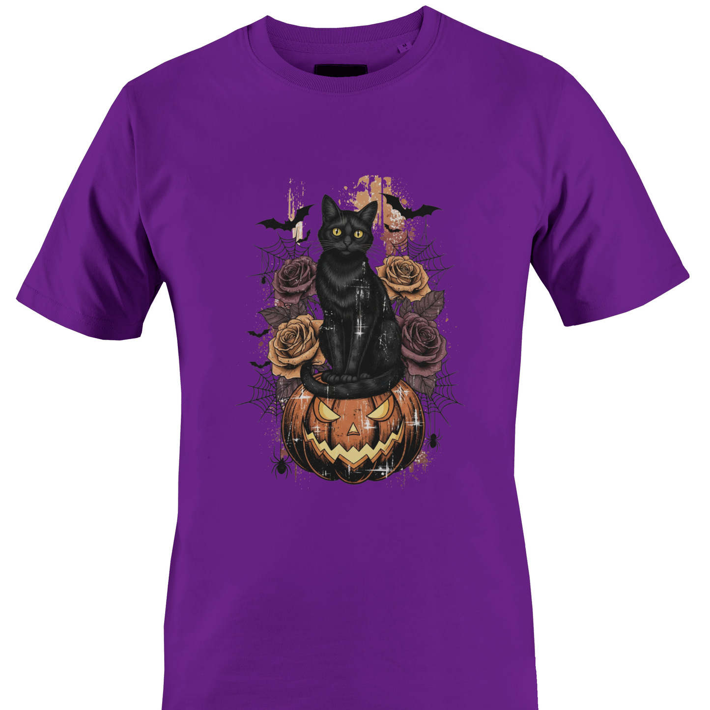 Dark purple t-shirt featuring Halloween elements - a black cat sitting on a jack o lantern with roses, cobwebs and bats by Monkey's Creations. 
