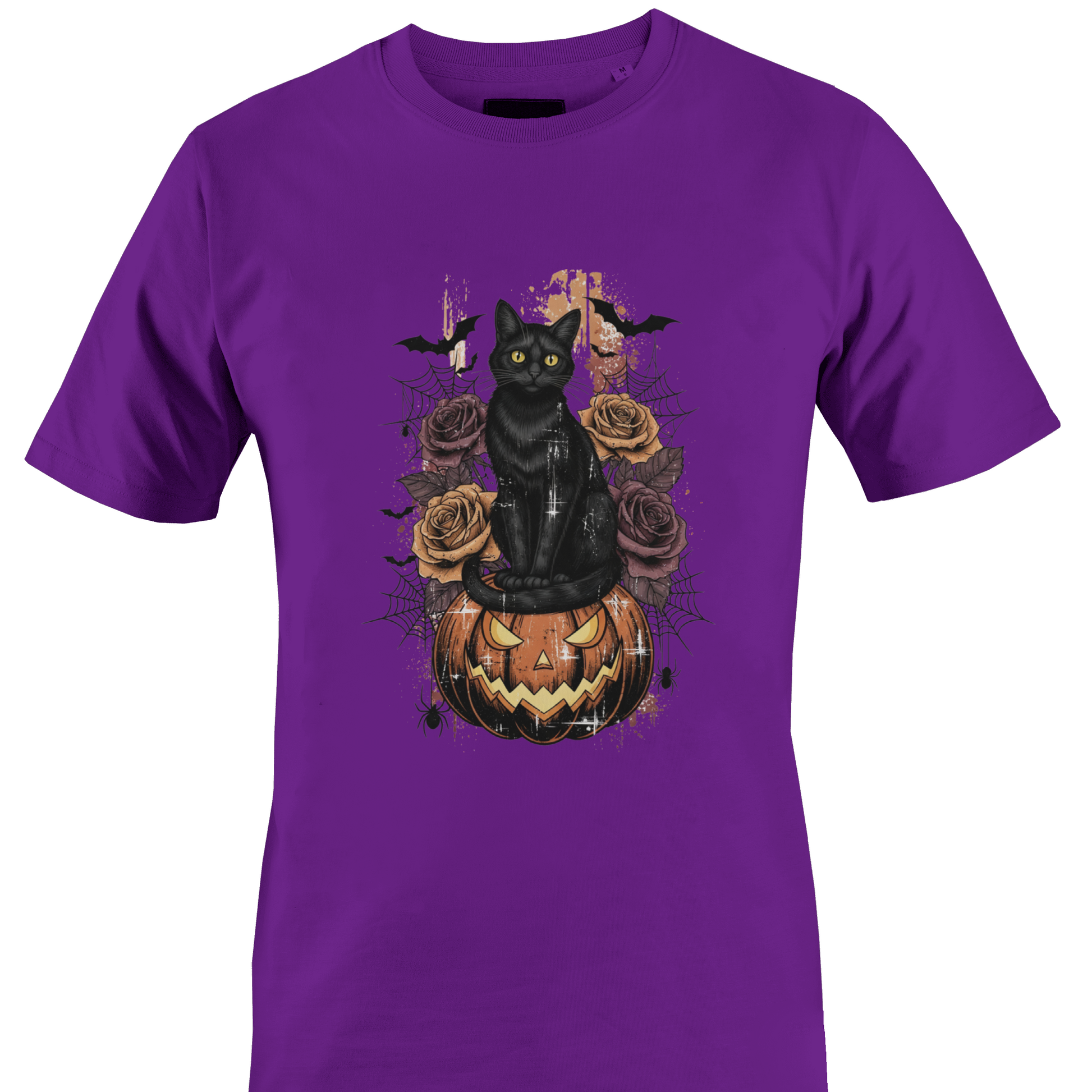 Dark purple t-shirt featuring Halloween elements - a black cat sitting on a jack o lantern with roses, cobwebs and bats by Monkey's Creations. 