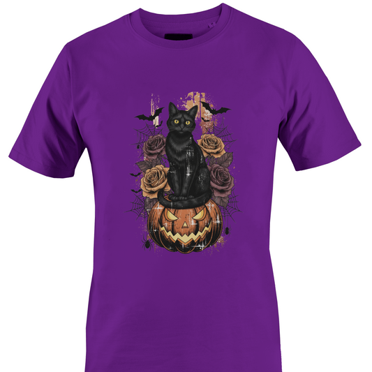 Dark purple t-shirt featuring Halloween elements - a black cat sitting on a jack o lantern with roses, cobwebs and bats by Monkey's Creations. 