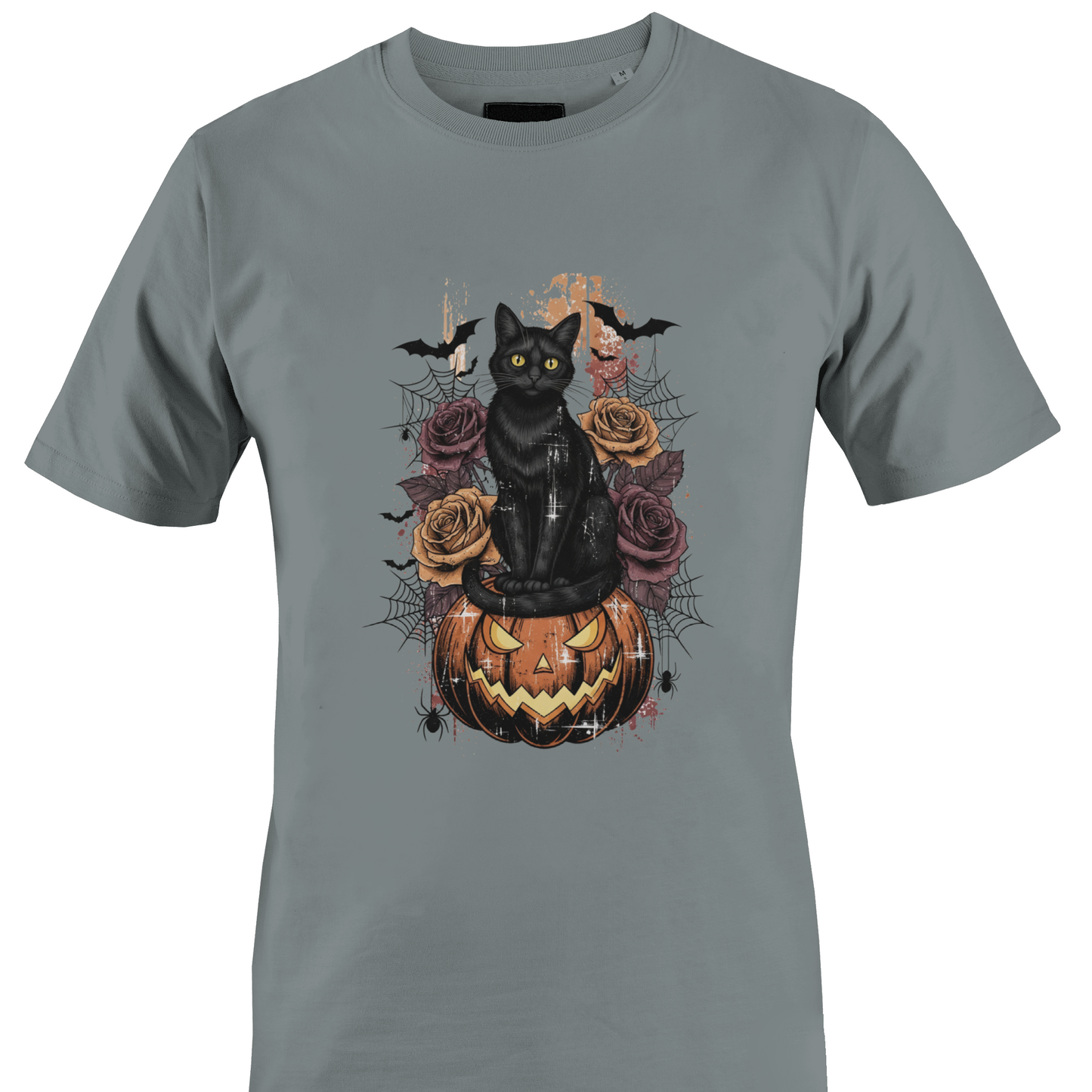 Grey t-shirt featuring Halloween elements - a black cat sitting on a jack o lantern with roses, cobwebs and bats by Monkey's Creations. 