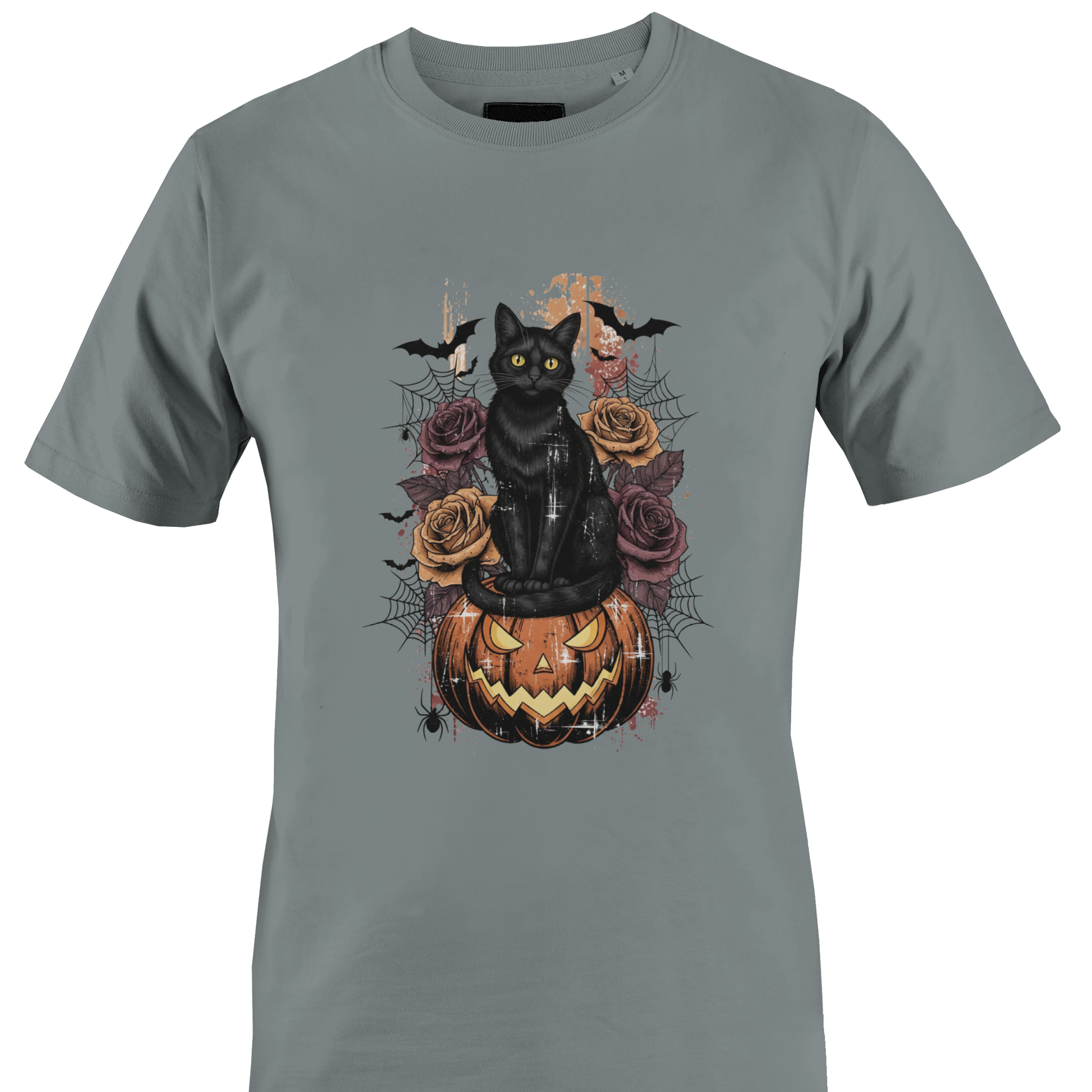 Grey t-shirt featuring Halloween elements - a black cat sitting on a jack o lantern with roses, cobwebs and bats by Monkey's Creations. 