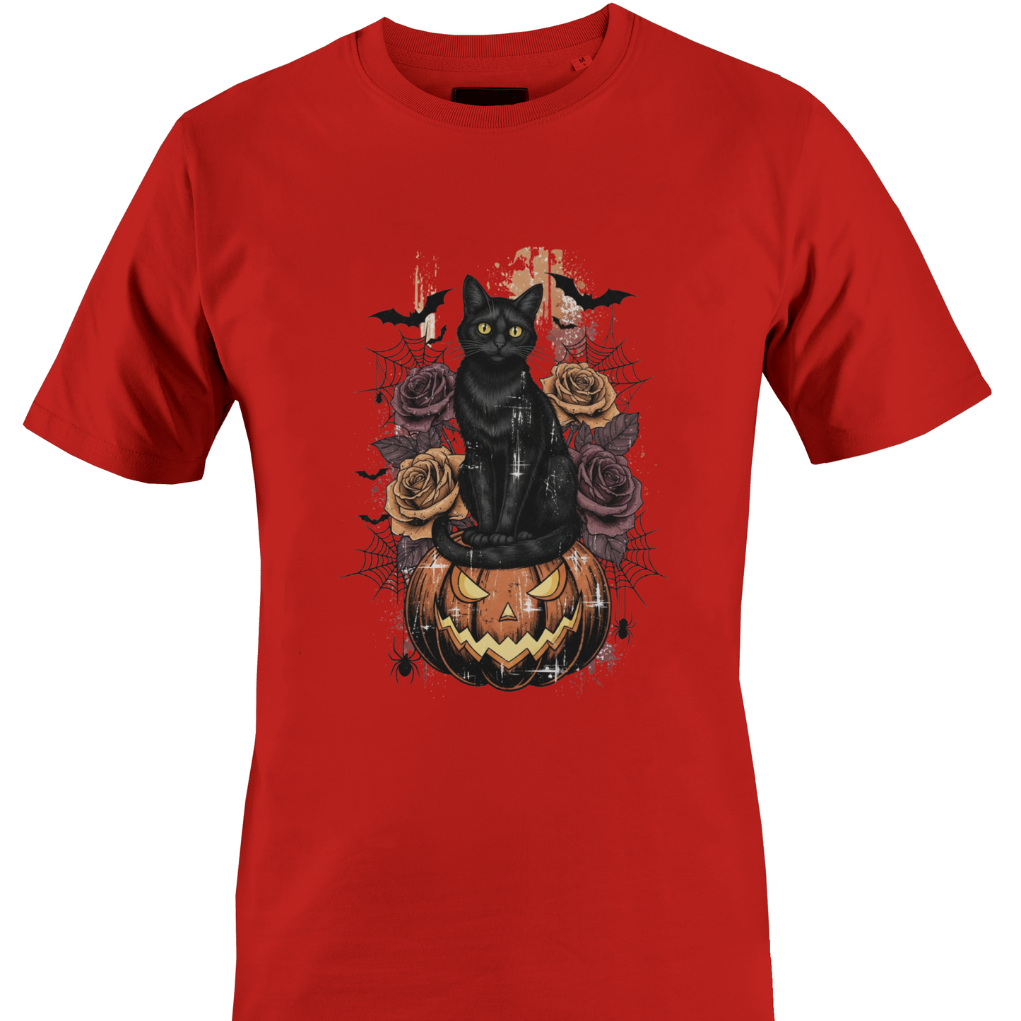 Redt-shirt featuring Halloween elements - a black cat sitting on a jack o lantern with roses, cobwebs and bats by Monkey's Creations. 