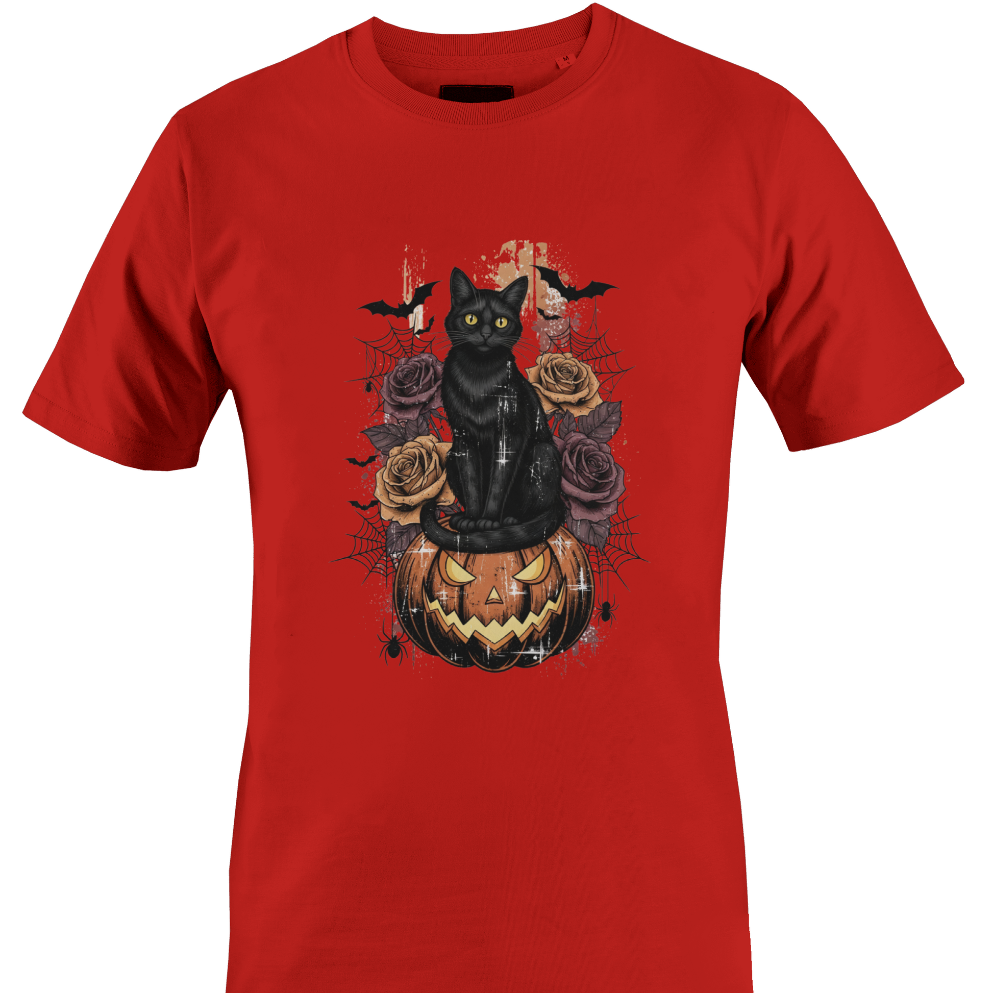 Redt-shirt featuring Halloween elements - a black cat sitting on a jack o lantern with roses, cobwebs and bats by Monkey's Creations. 