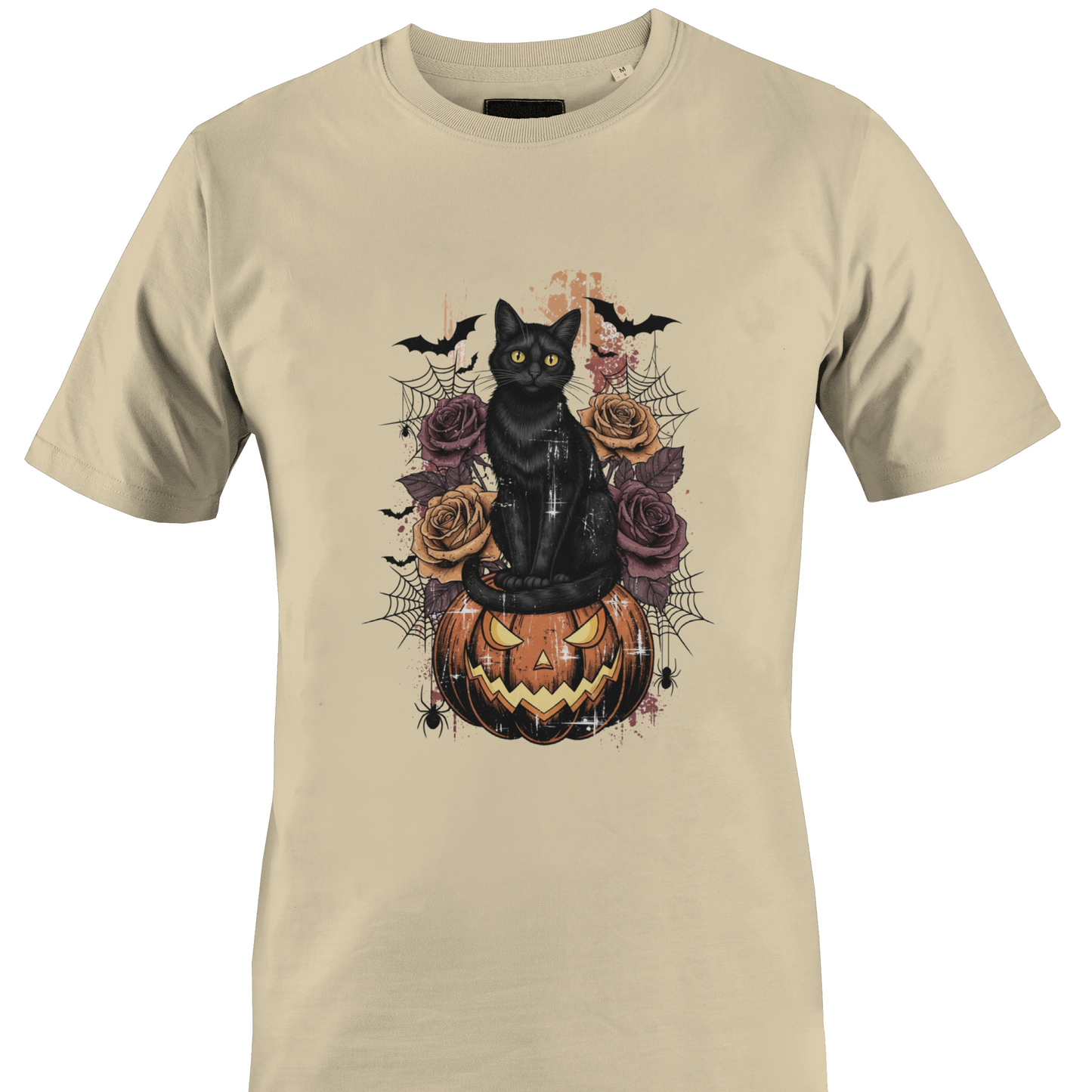 Tan t-shirt featuring Halloween elements - a black cat sitting on a jack o lantern with roses, cobwebs and bats by Monkey's Creations. 