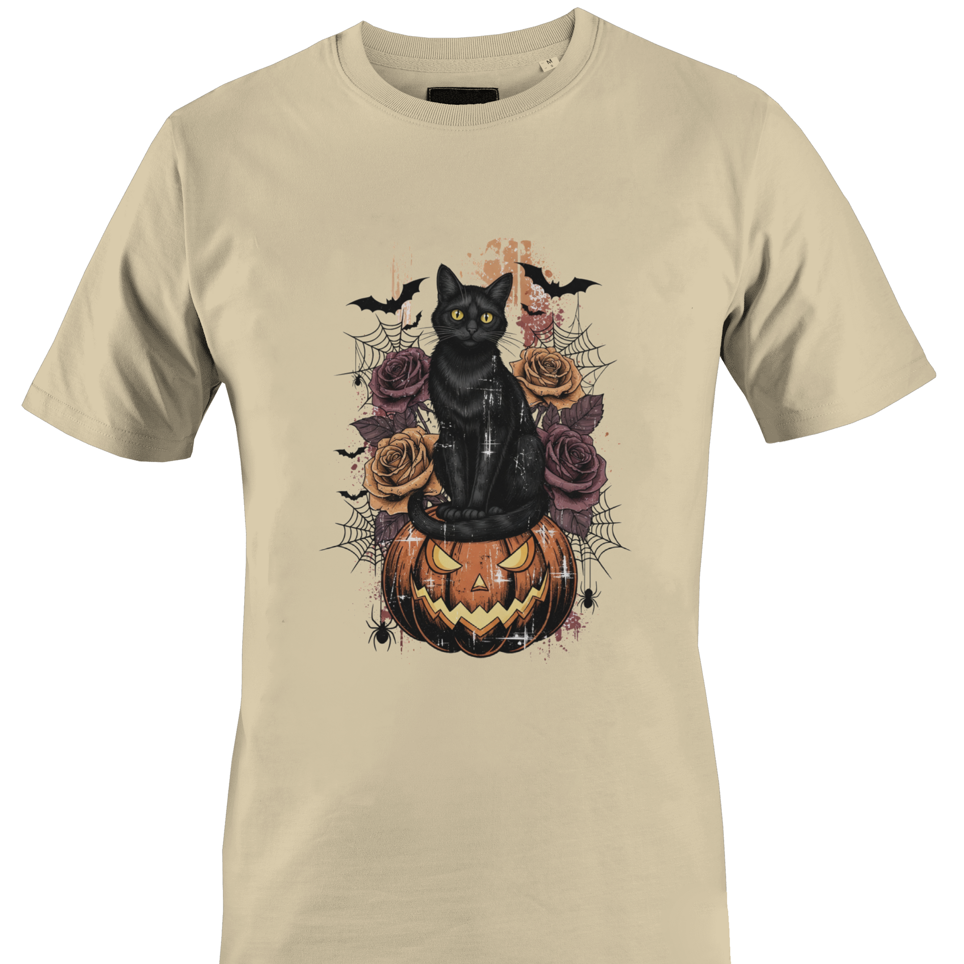 Tan t-shirt featuring Halloween elements - a black cat sitting on a jack o lantern with roses, cobwebs and bats by Monkey's Creations. 