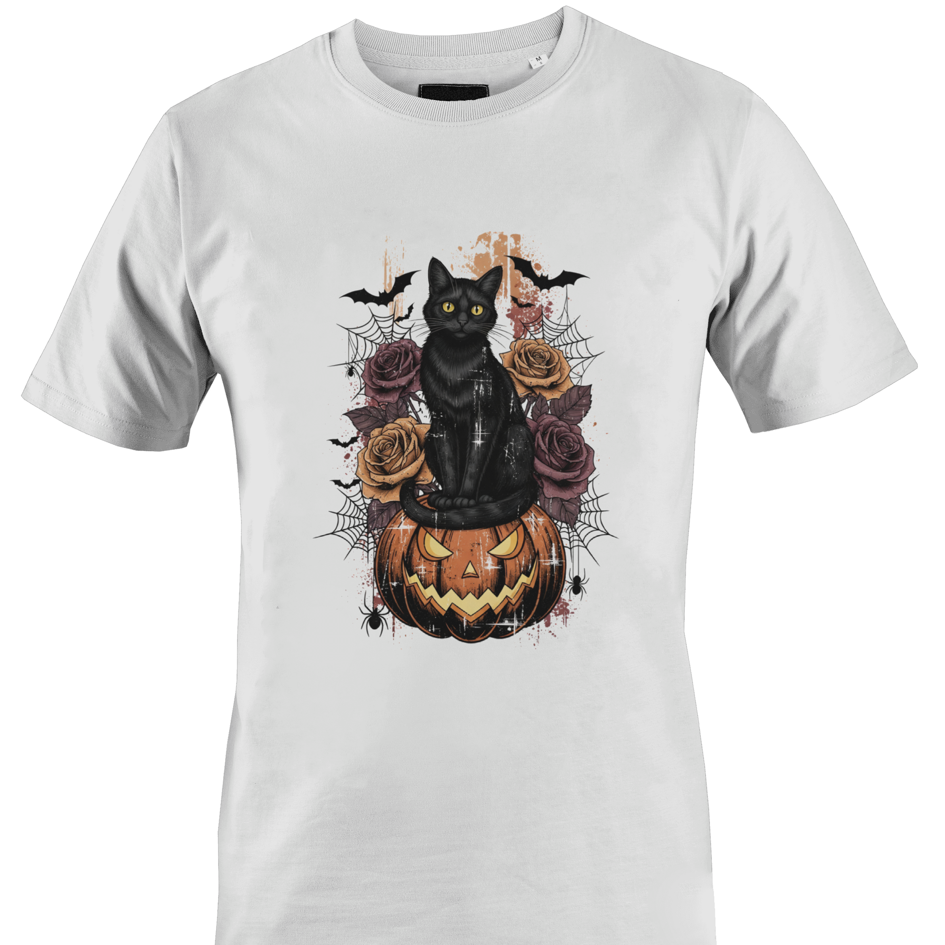 White t-shirt featuring Halloween elements - a black cat sitting on a jack o lantern with roses, cobwebs and bats by Monkey's Creations. 