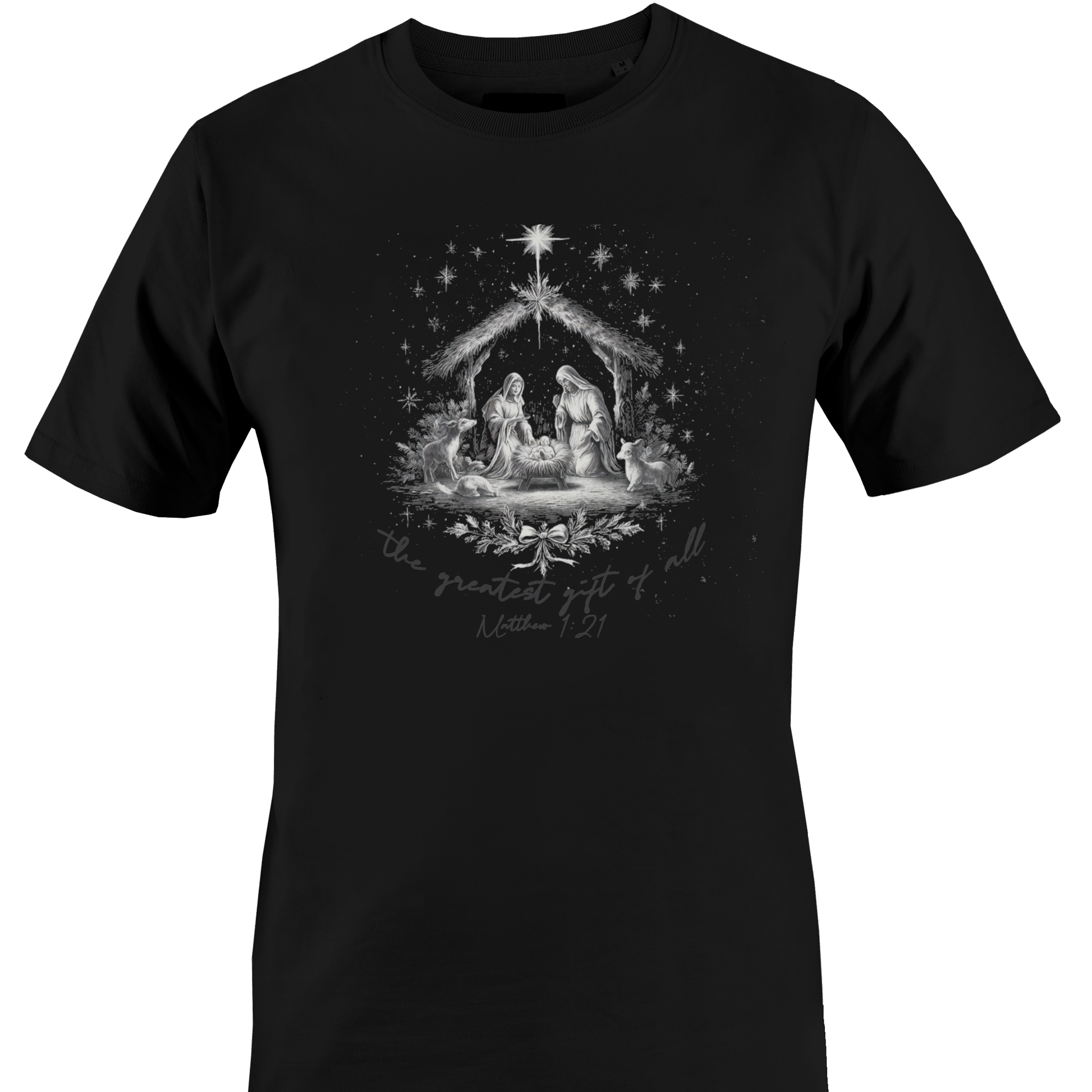 A black short-sleeve crewneck t-shirt featuring a detailed grayscale graphic of the Nativity Holy Family in a stable under a star, with the text 'the greatest gift of all is the present gift of God' and 'Mother of God' written below by Monkey's Creations. 
