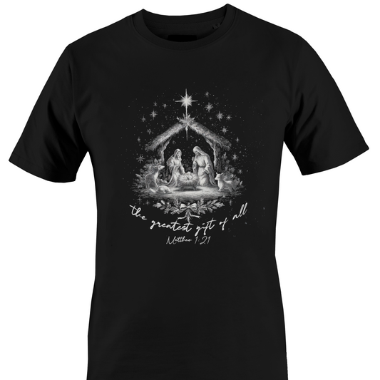 A black short-sleeve crewneck t-shirt featuring a detailed black and white graphic of the Holy Family in a stable with a star and the text 'the greatest gift of all' and 'Matthew 1:2" by Monkey's Creations. 