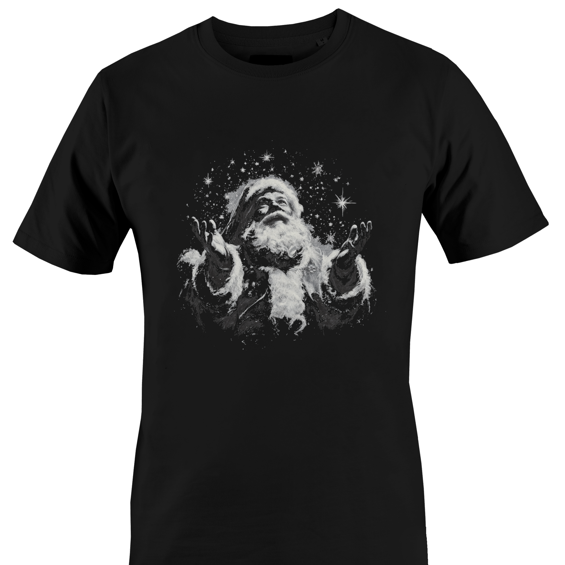 A black short-sleeve crewneck t-shirt featuring a white and gray graphic print of Santa Claus surrounded by stars by Monkey's Creations