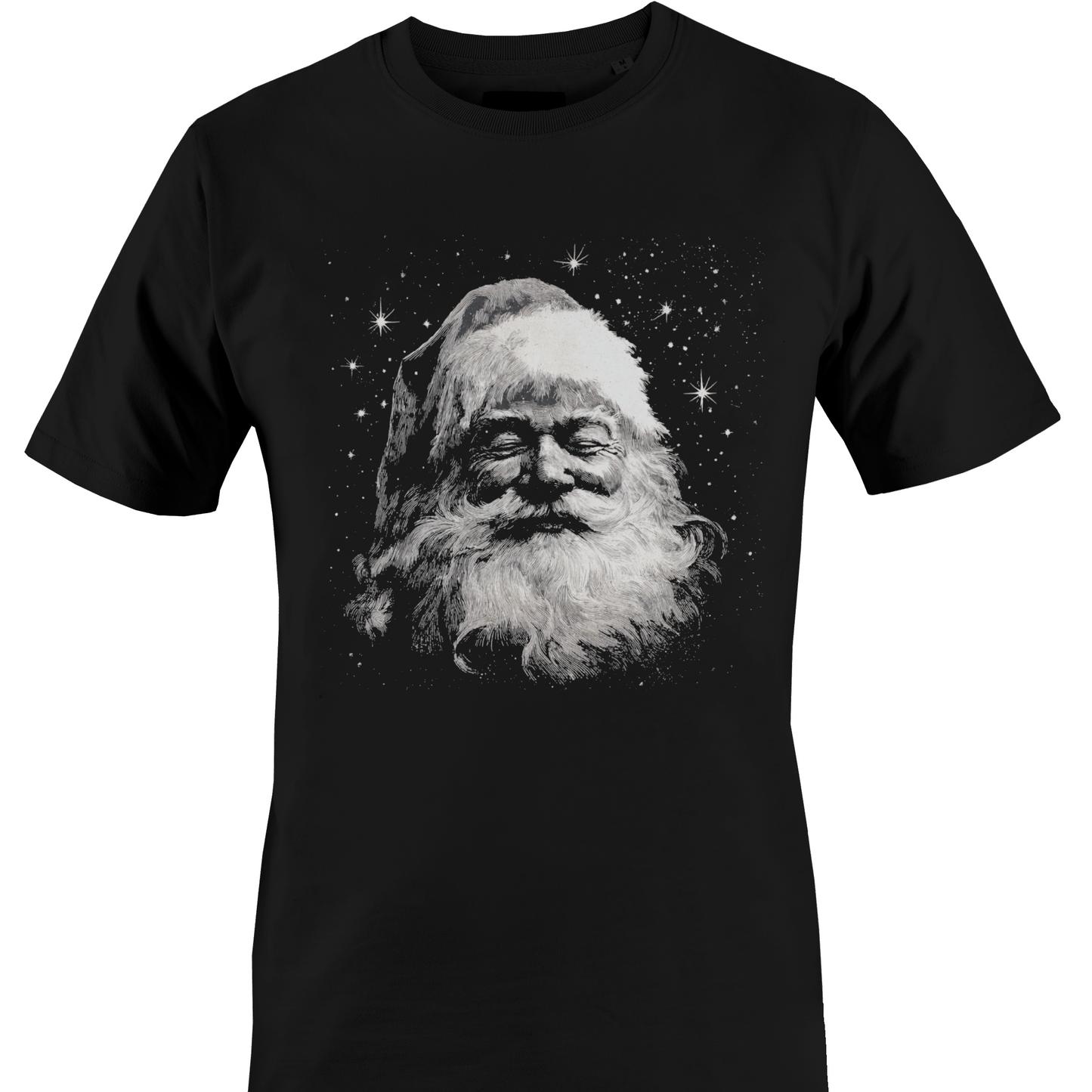 A black short-sleeve crewneck t-shirt featuring a white and gray graphic print of Santa Claus's face by Monkey's Creations