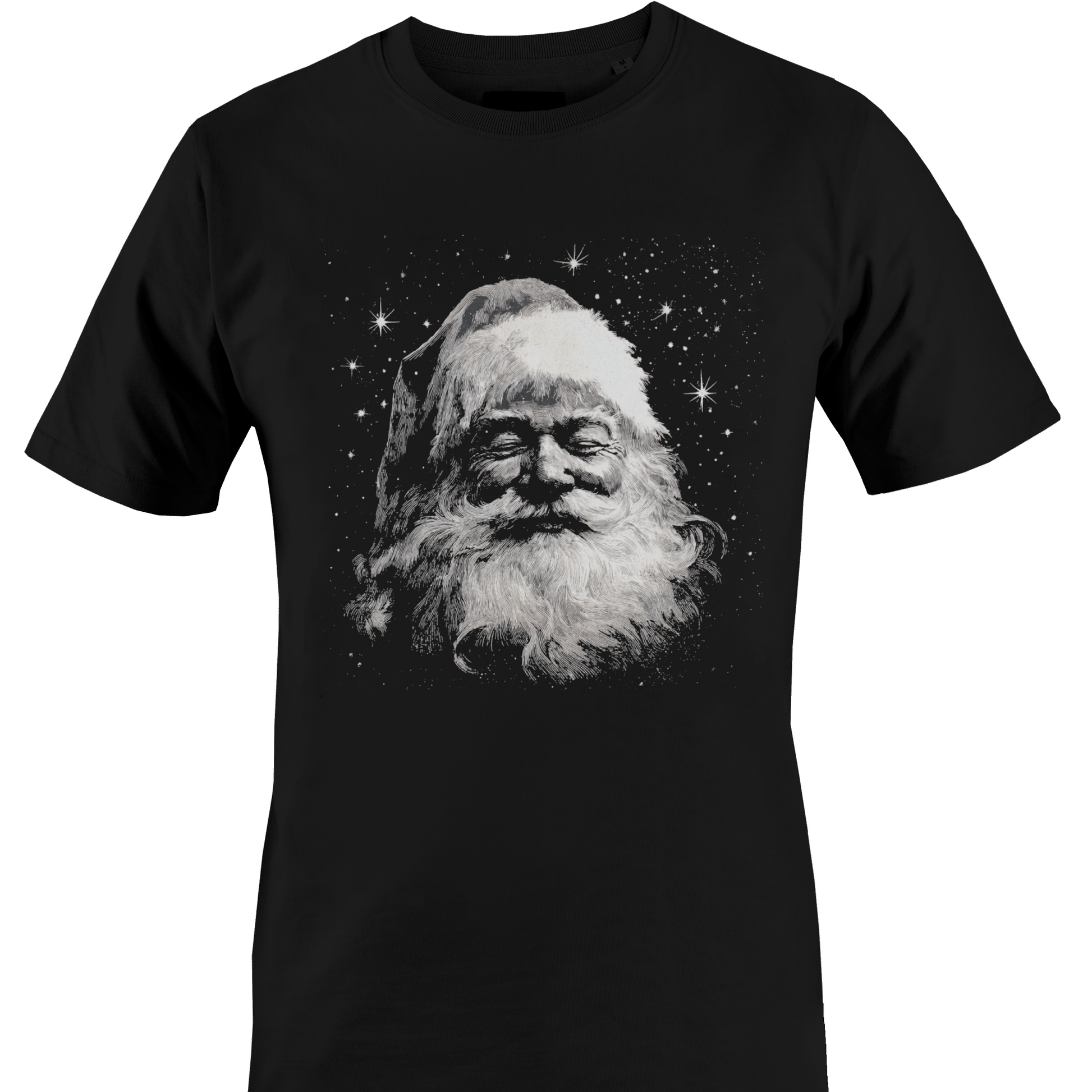 A black short-sleeve crewneck t-shirt featuring a white and gray graphic print of Santa Claus's face by Monkey's Creations