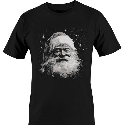 A black short-sleeve crewneck t-shirt featuring a white and gray graphic print of Santa Claus's face by Monkey's Creations